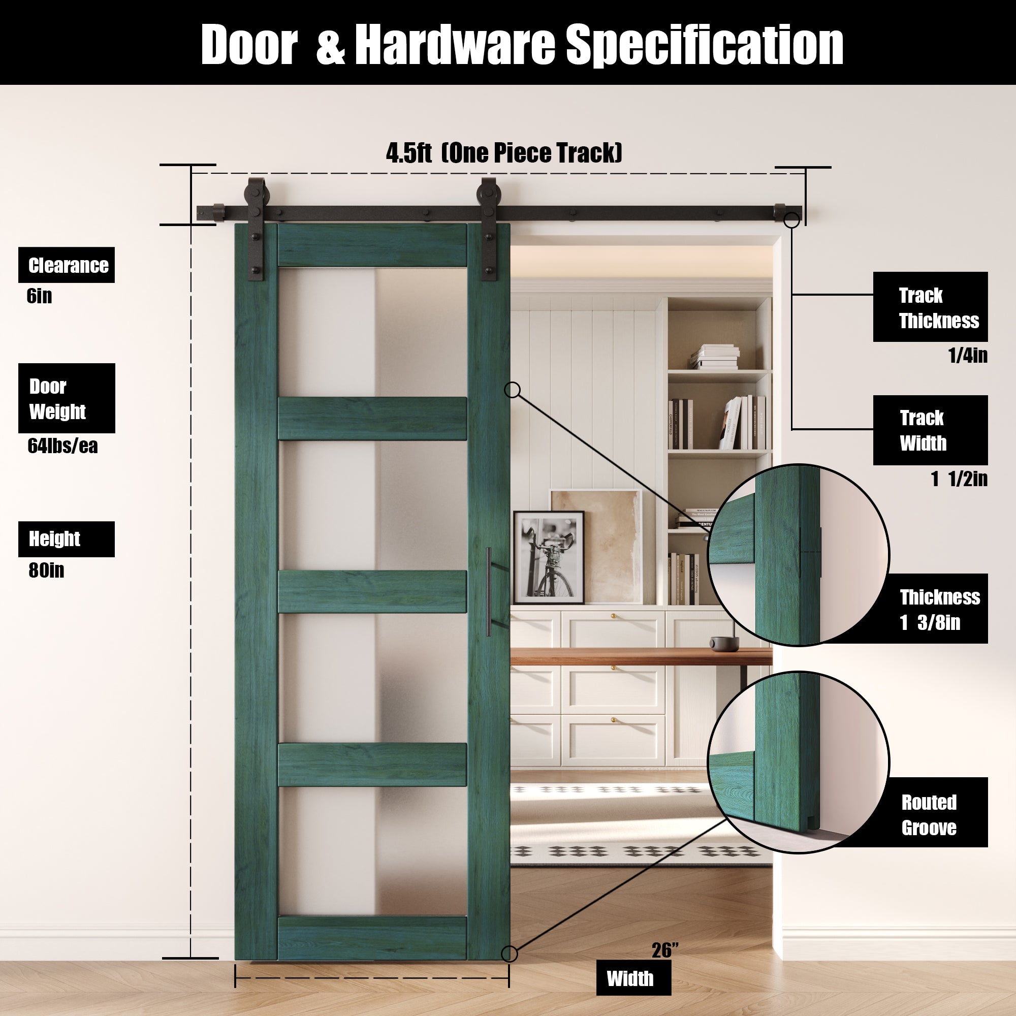 80" Height Royal Pine 4-Lite Frosted Glass Unassembled & Finished Pine Wood Barn Door with Non-Bypass Installation Hardware Kit (Interior Use Only)