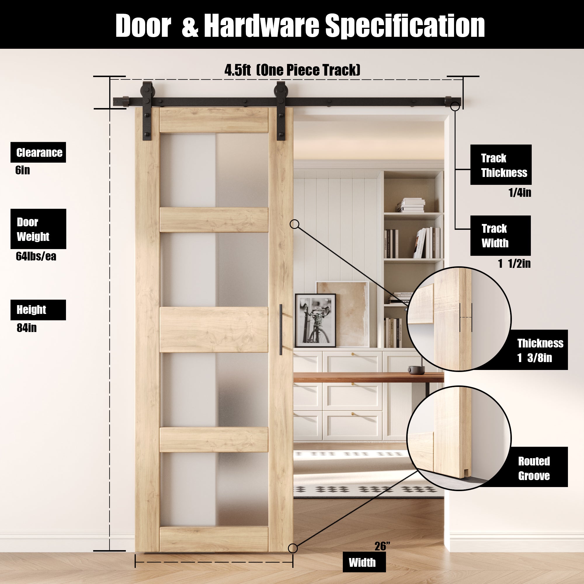 84" Height 4-Lite Frosted Glass Unassembled & Unfinished Pine Wood Barn Door with Non-Bypass Installation Hardware Kit (Interior Use Only)