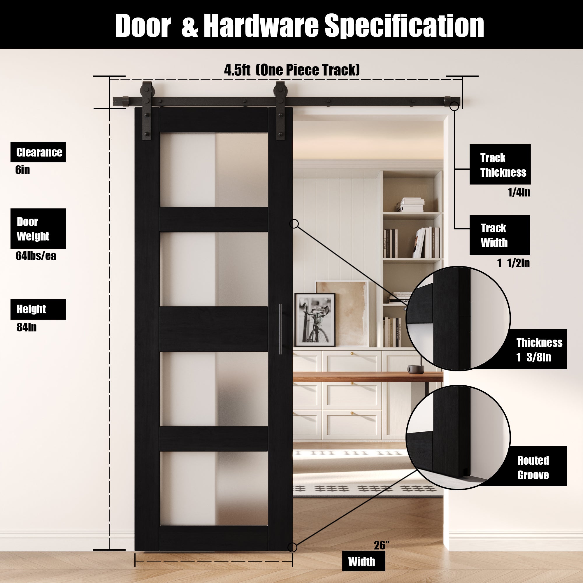 84" Height Black 4-Lite Frosted Glass Unassembled & Finished Pine Wood Barn Door with Non-Bypass Installation Hardware Kit (Interior Use Only)