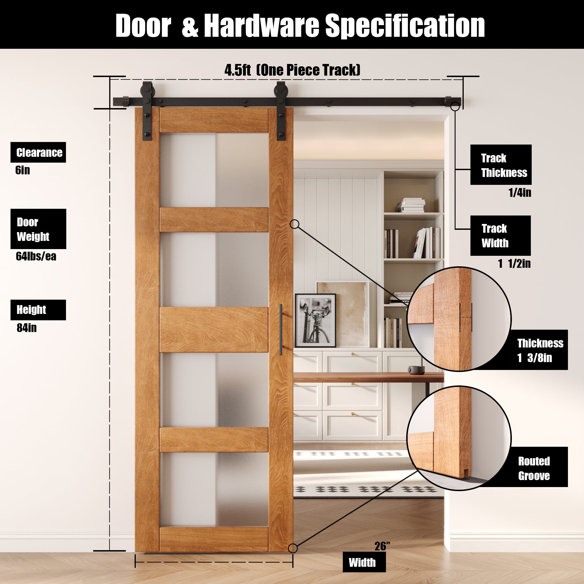 84" Height Early American 4-Lite Frosted Glass Unassembled & Finished Pine Wood Barn Door with Non-Bypass Installation Hardware Kit (Interior Use Only)