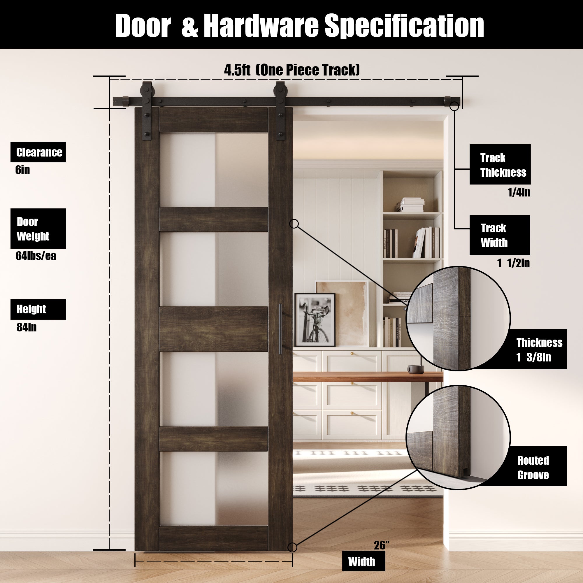 84" Height Ebony 4-Lite Frosted Glass Unassembled & Finished Pine Wood Barn Door with Non-Bypass Installation Hardware Kit (Interior Use Only)