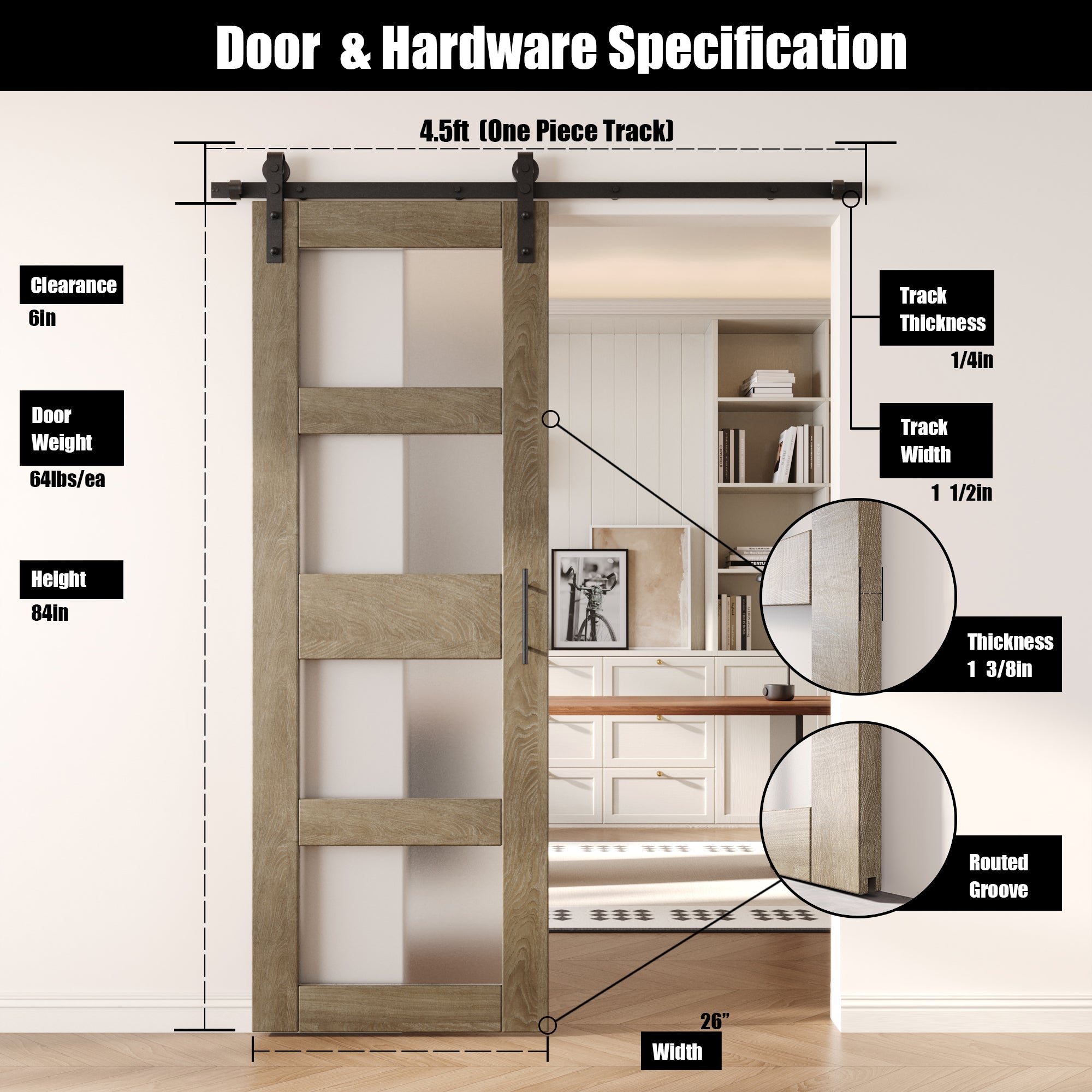 84" Height Classic Gray 4-Lite Frosted Glass Unassembled & Finished Pine Wood Barn Door with Non-Bypass Installation Hardware Kit (Interior Use Only)