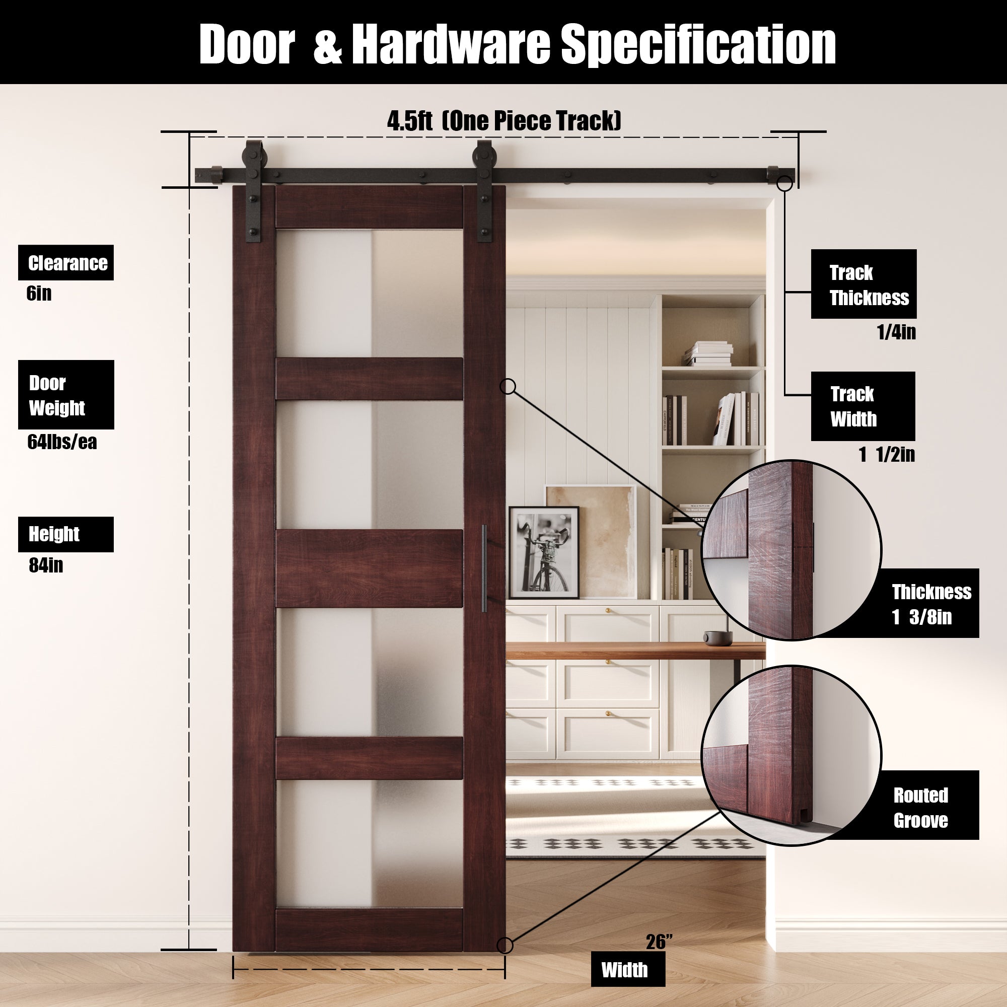 84" Height Red Mahogany 4-Lite Frosted Glass Unassembled & Finished Pine Wood Barn Door with Non-Bypass Installation Hardware Kit (Interior Use Only)