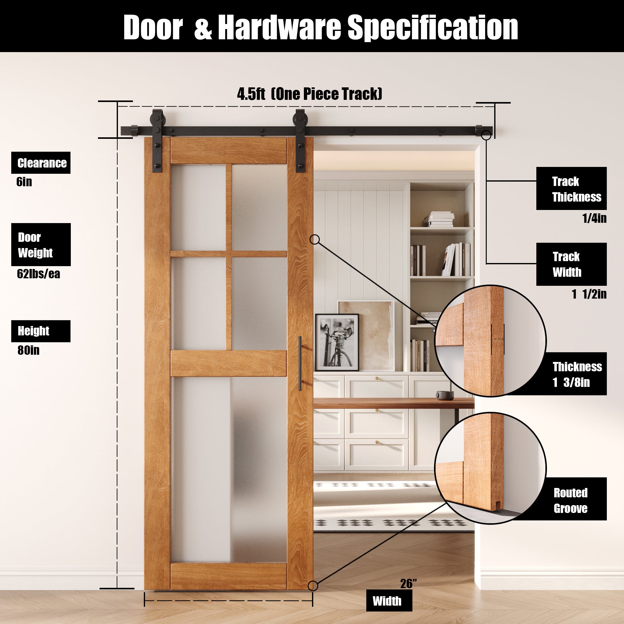 80" Height Early American 5-Lite Frosted Glass Unassembled & Finished Pine Wood Barn Door with Non-Bypass Installation Hardware Kit (Interior Use Only)