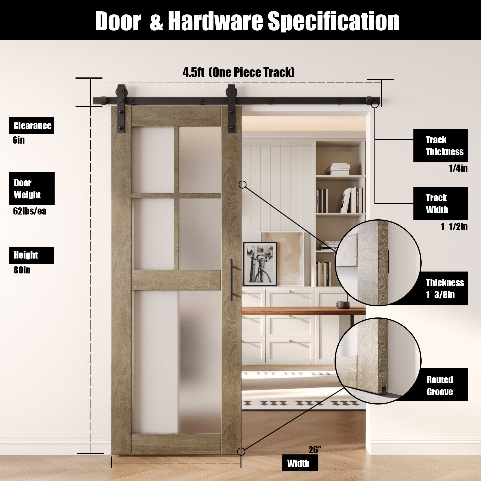 80" Height Classic Gray 5-Lite Frosted Glass Unassembled & Finished Pine Wood Barn Door with Non-Bypass Installation Hardware Kit (Interior Use Only)