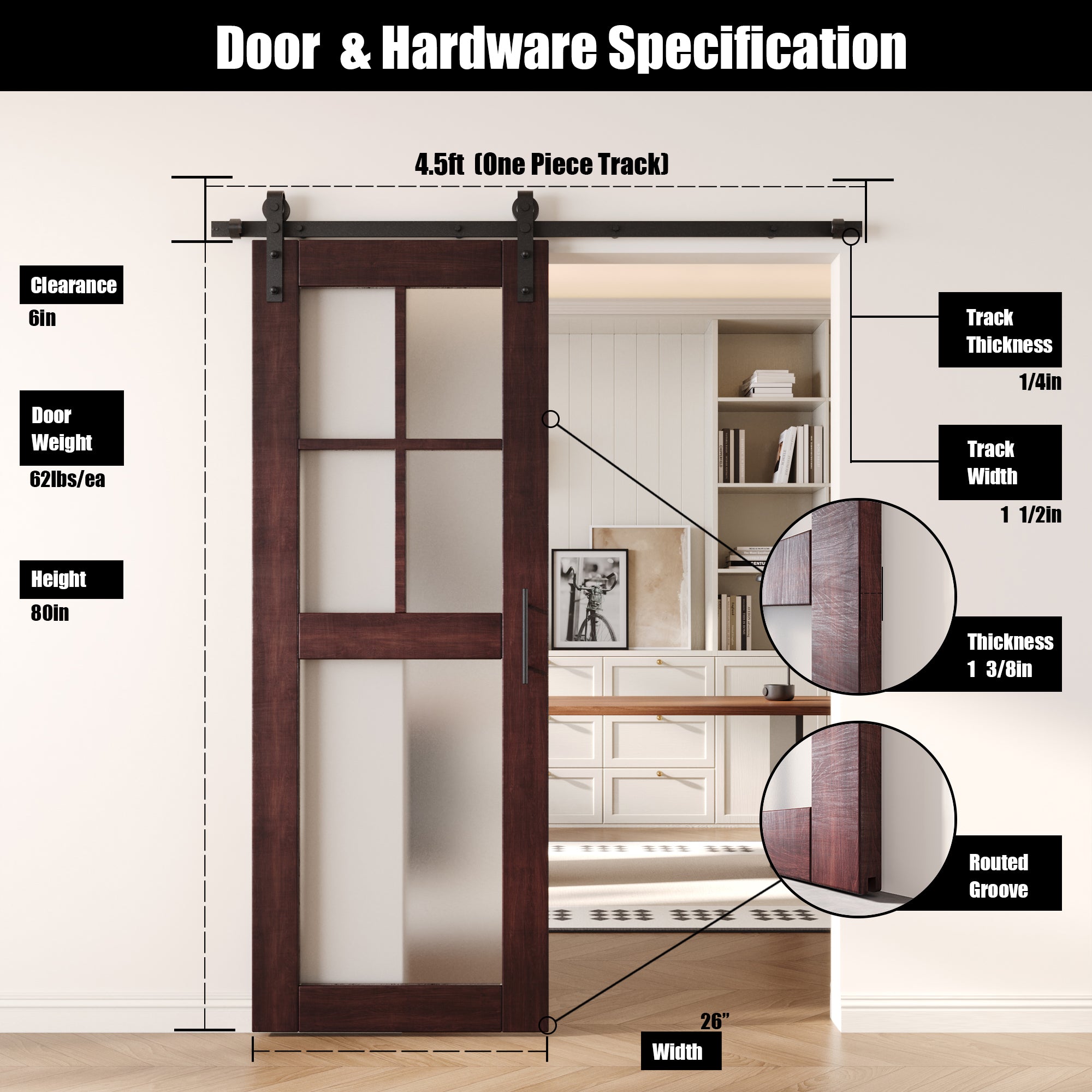 80" Height Red Mahogany 5-Lite Frosted Glass Unassembled & Finished Pine Wood Barn Door with Non-Bypass Installation Hardware Kit (Interior Use Only)