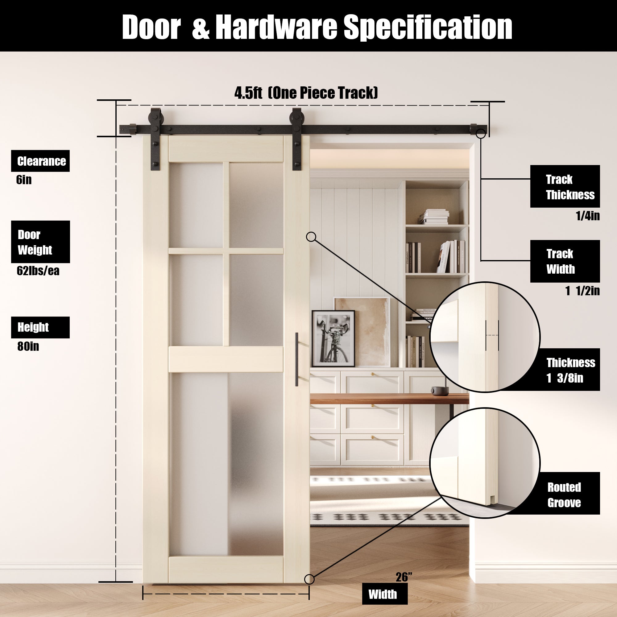 80" Height Tinsmith Gray 5-Lite Frosted Glass Unassembled & Finished Pine Wood Barn Door with Non-Bypass Installation Hardware Kit (Interior Use Only)