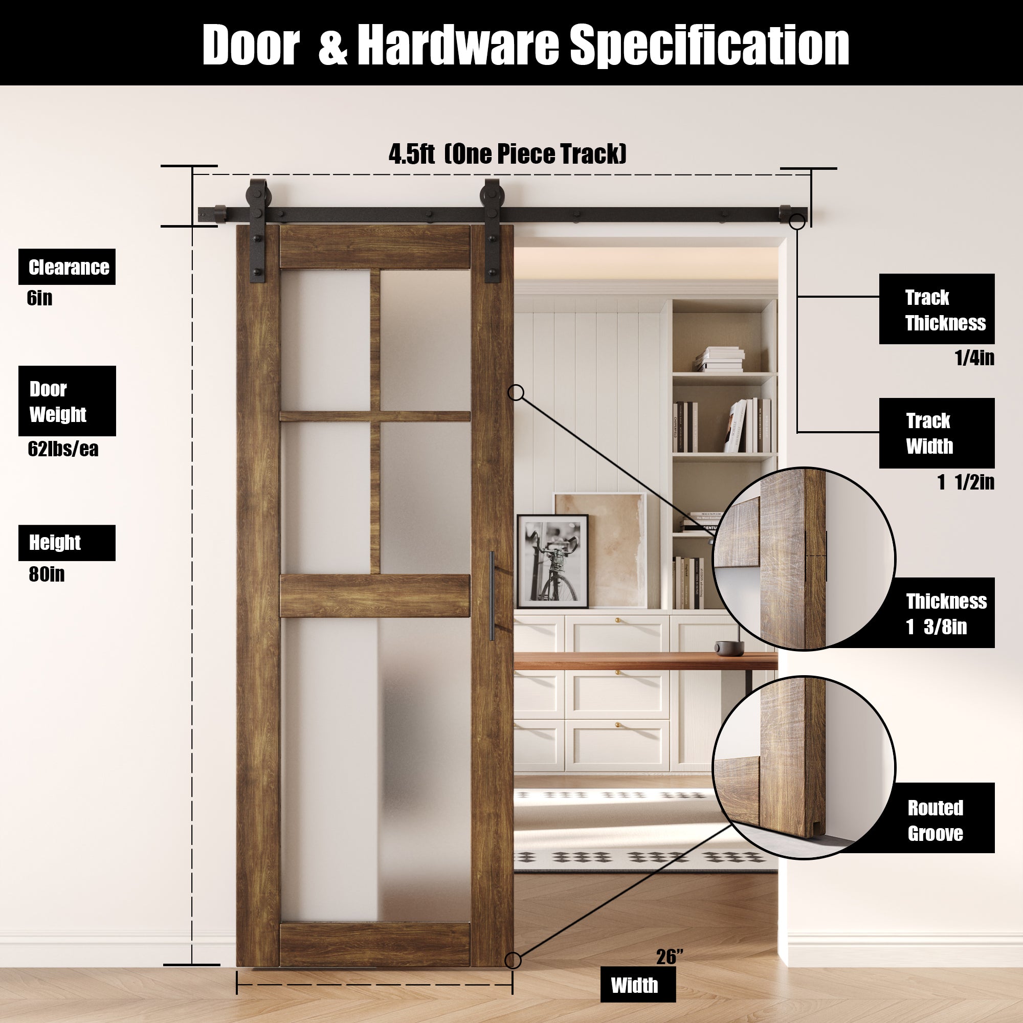 80" Height Dark Walnut 5-Lite Frosted Glass Unassembled & Finished Pine Wood Barn Door with Non-Bypass Installation Hardware Kit (Interior Use Only)