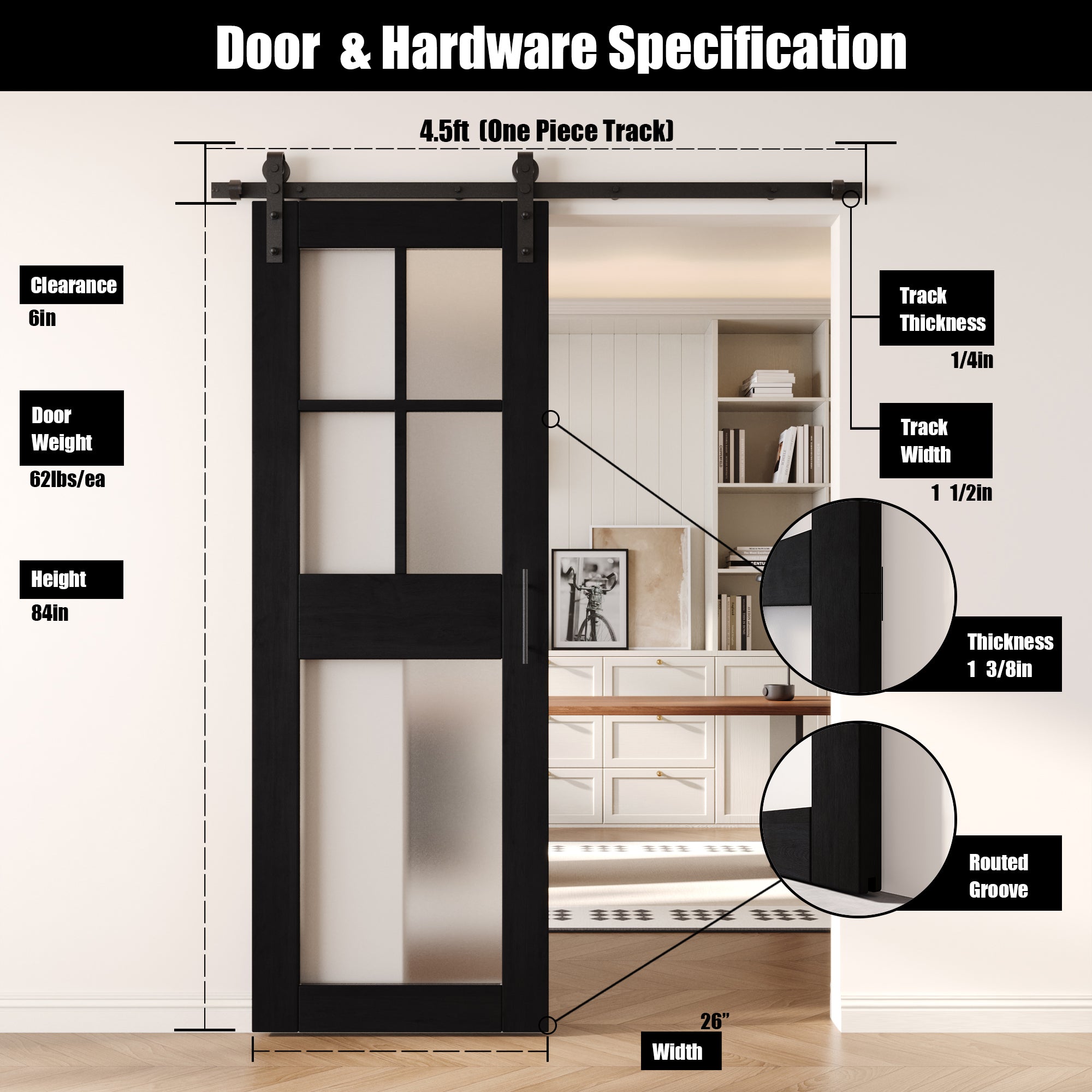 84" Height Black 5-Lite Frosted Glass Unassembled & Finished Pine Wood Barn Door with Non-Bypass Installation Hardware Kit (Interior Use Only)
