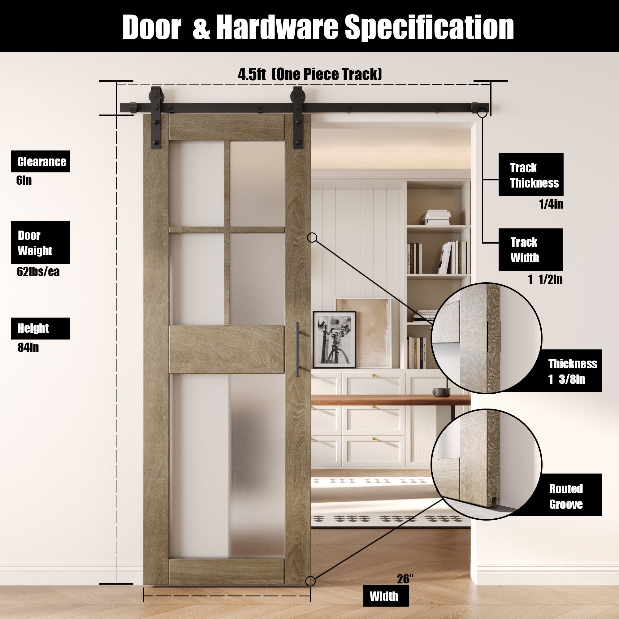 84" Height Classic Gray 5-Lite Frosted Glass Unassembled & Finished Pine Wood Barn Door with Non-Bypass Installation Hardware Kit (Interior Use Only)