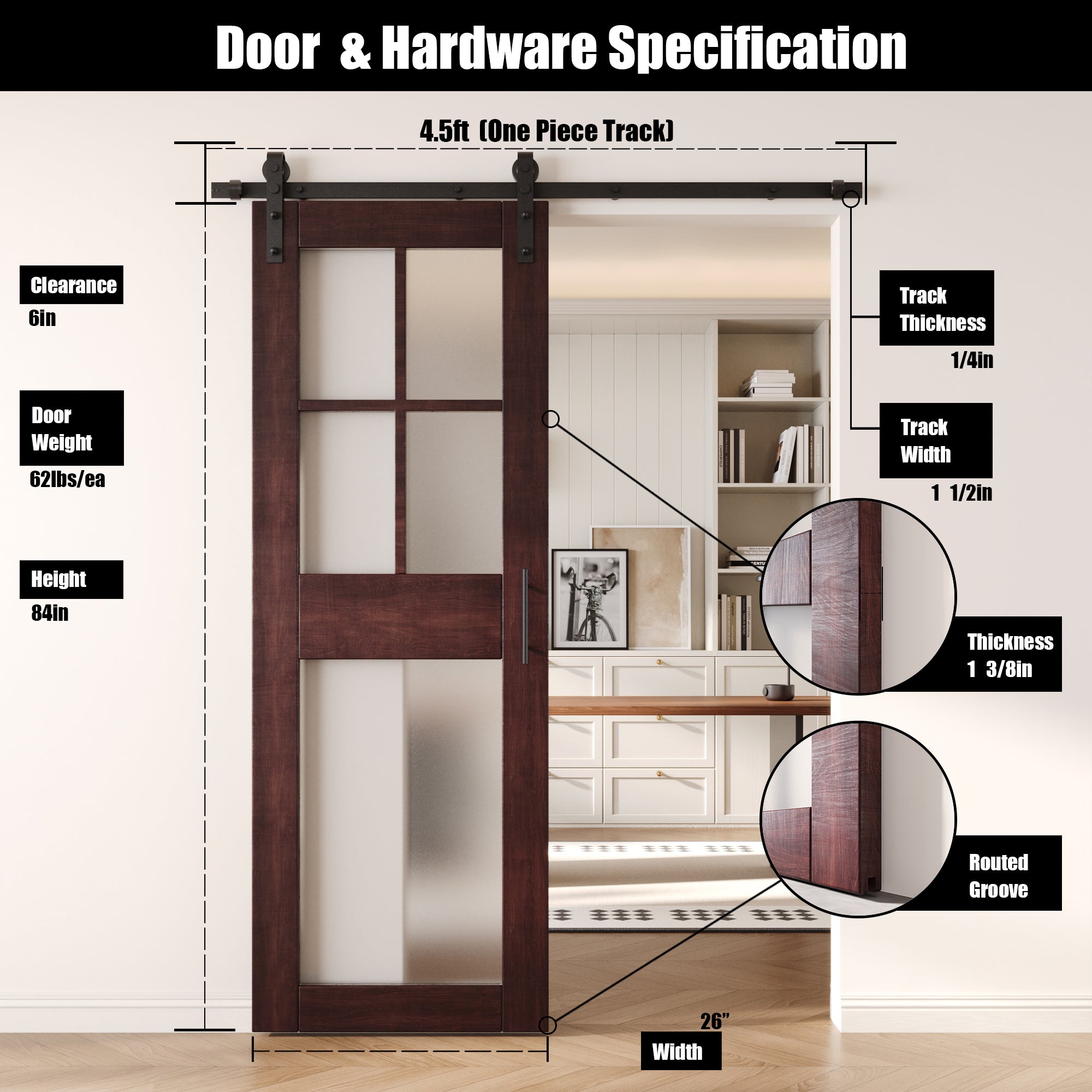 84" Height Red Mahogany 5-Lite Frosted Glass Unassembled & Finished Pine Wood Barn Door with Non-Bypass Installation Hardware Kit (Interior Use Only)