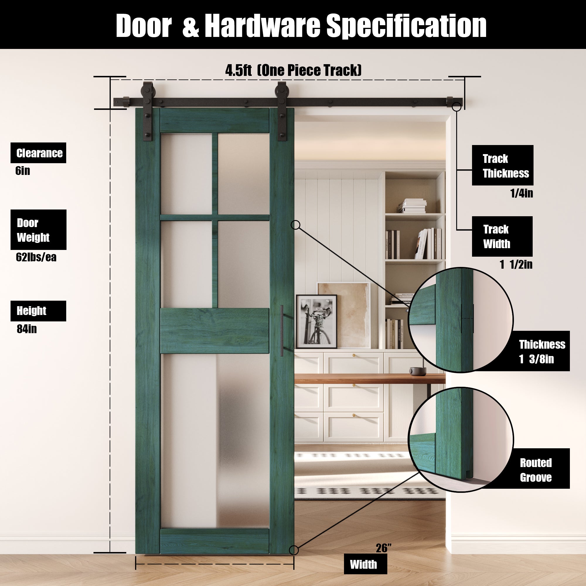 84" Height Royal Pine 5-Lite Frosted Glass Unassembled & Finished Pine Wood Barn Door with Non-Bypass Installation Hardware Kit (Interior Use Only)