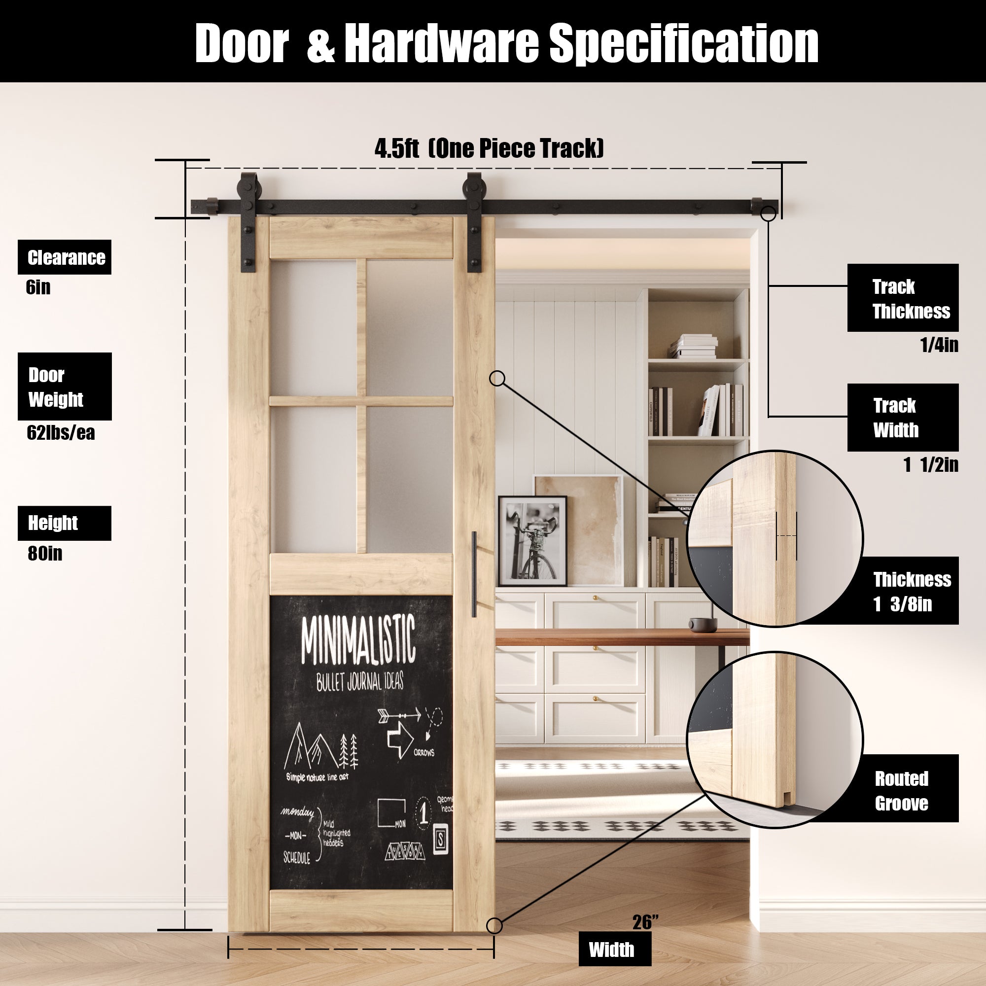 80" Height Half Lite Chalkboard Unassembled & Unfinished Pine Wood Barn Door with Non-Bypass Installation Hardware Kit (Interior Use Only)