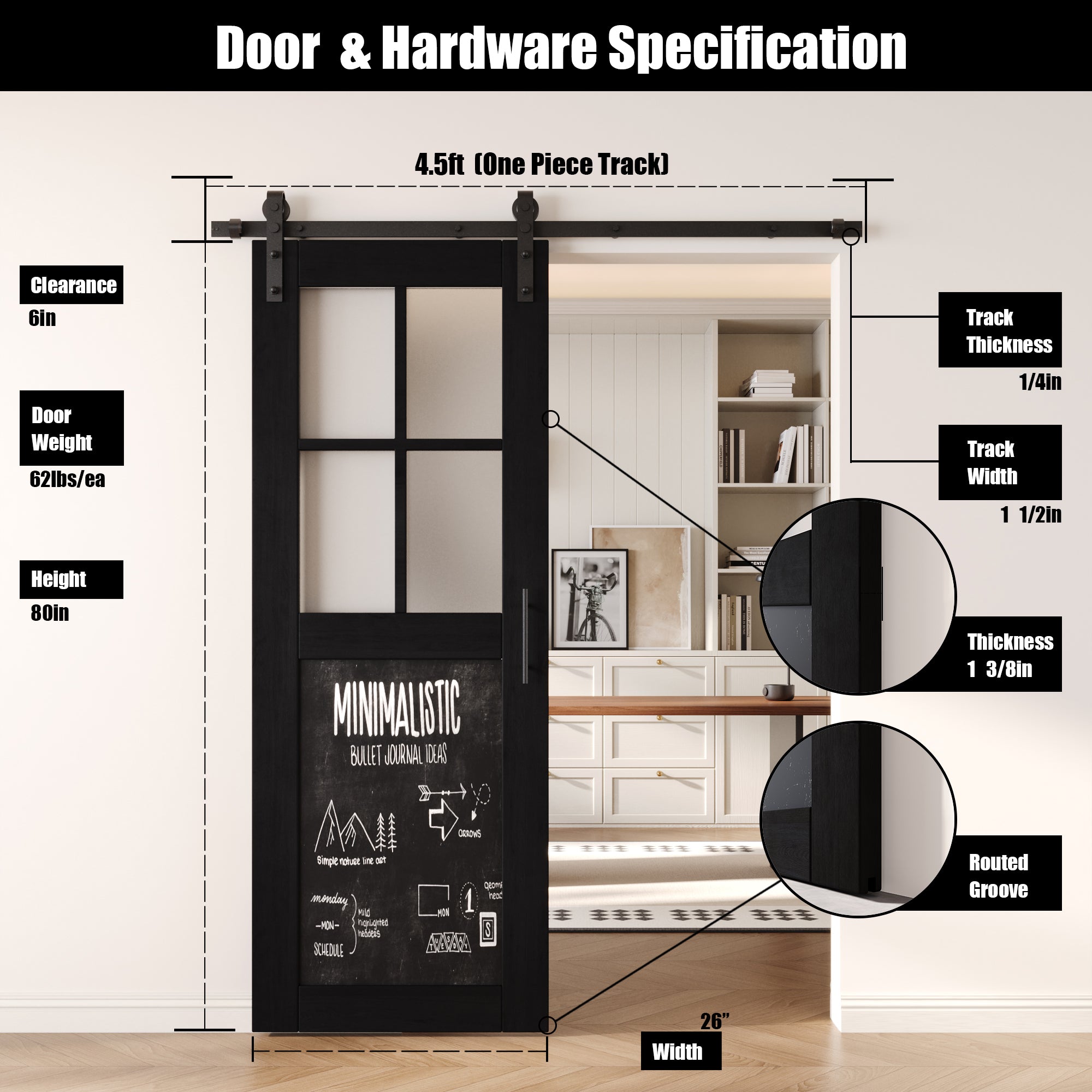 80" Height Black Half Lite Chalkboard Unassembled & Finished Pine Wood Barn Door with Non-Bypass Installation Hardware Kit (Interior Use Only)