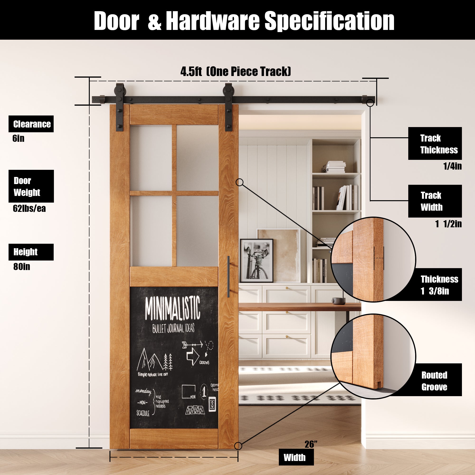 80" Height Early American Half Lite Chalkboard Unassembled & Finished Pine Wood Barn Door with Non-Bypass Installation Hardware Kit (Interior Use Only)