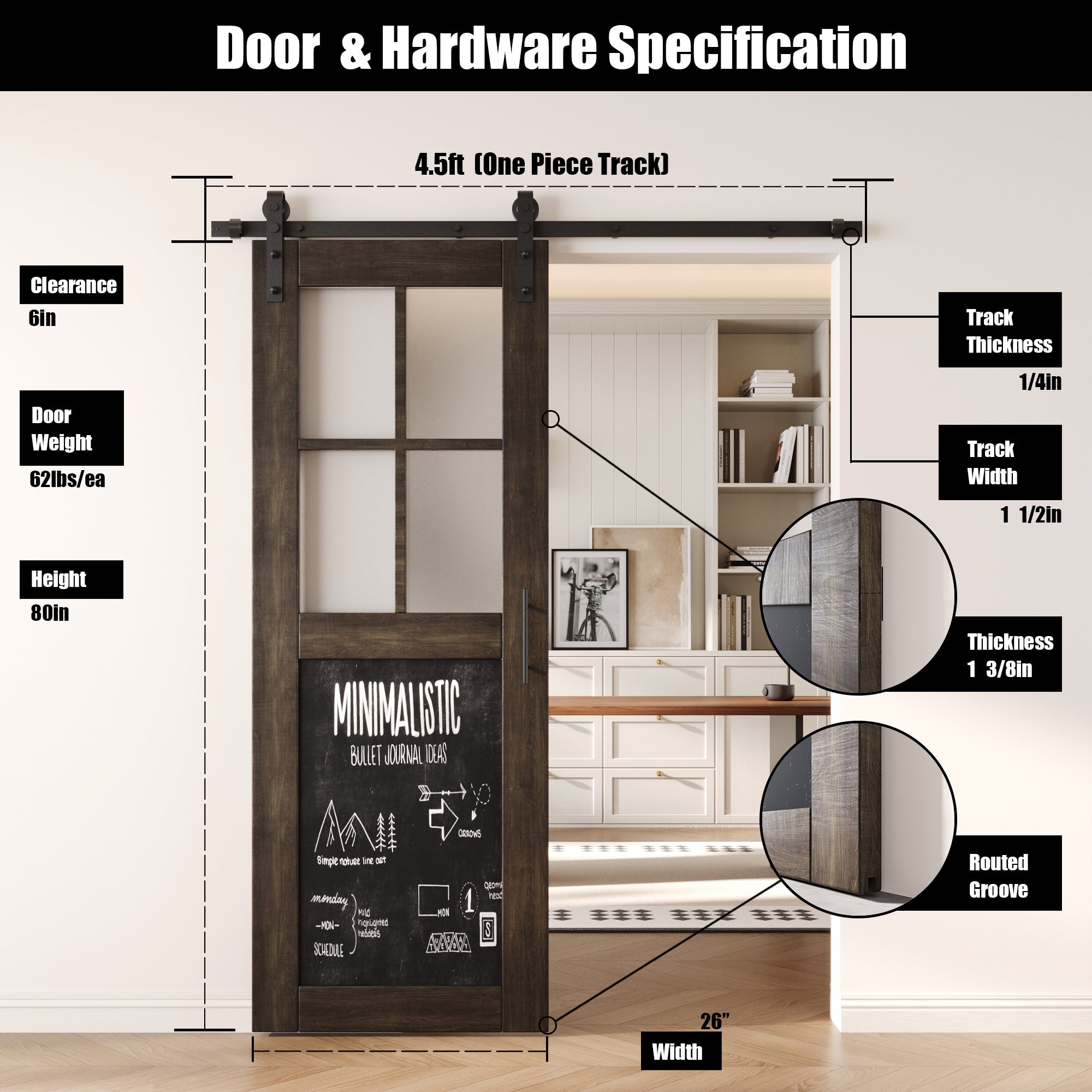 80" Height Ebony Half Lite Chalkboard Unassembled & Finished Pine Wood Barn Door with Non-Bypass Installation Hardware Kit (Interior Use Only)