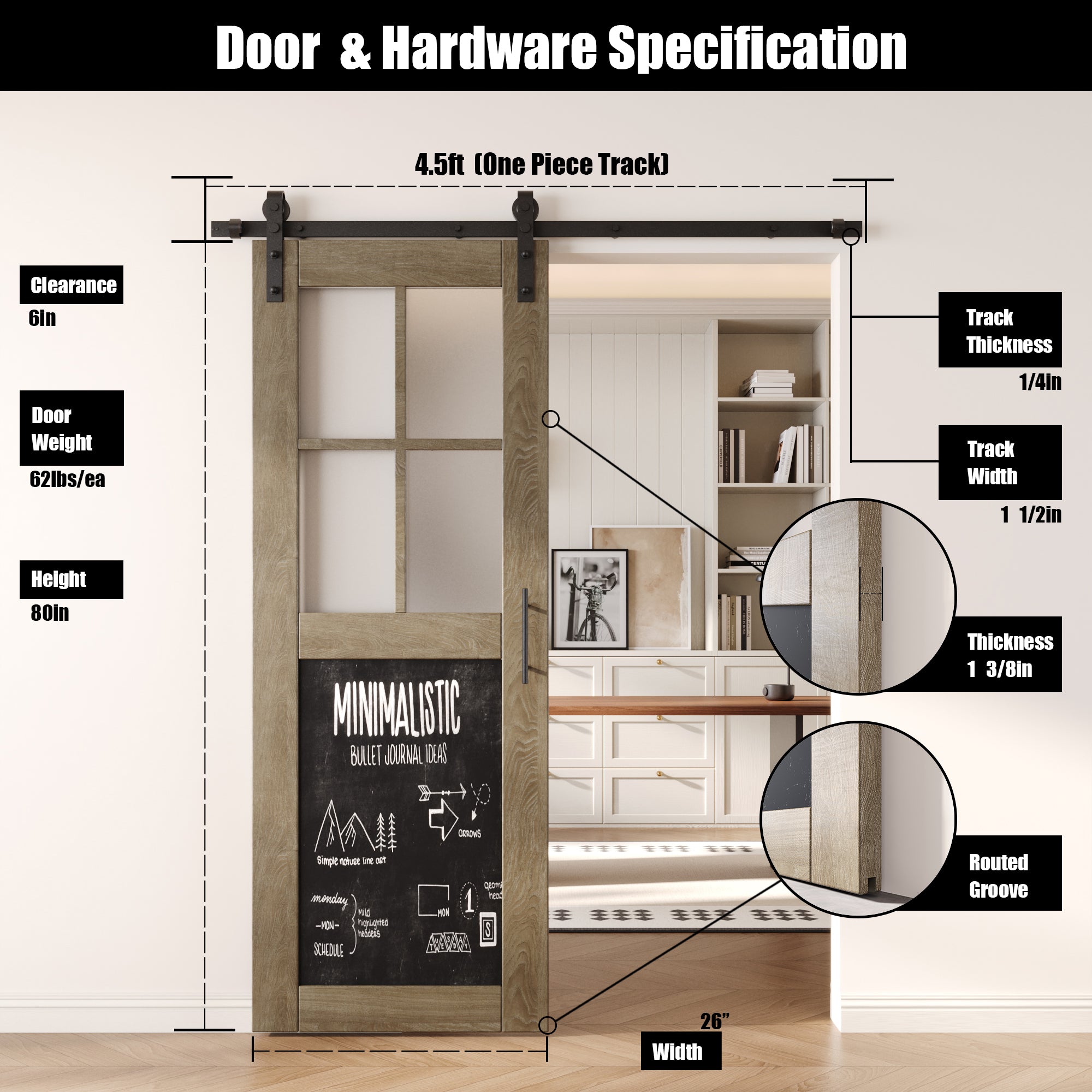 80" Height Classic Gray Half Lite Chalkboard Unassembled & Finished Pine Wood Barn Door with Non-Bypass Installation Hardware Kit (Interior Use Only)