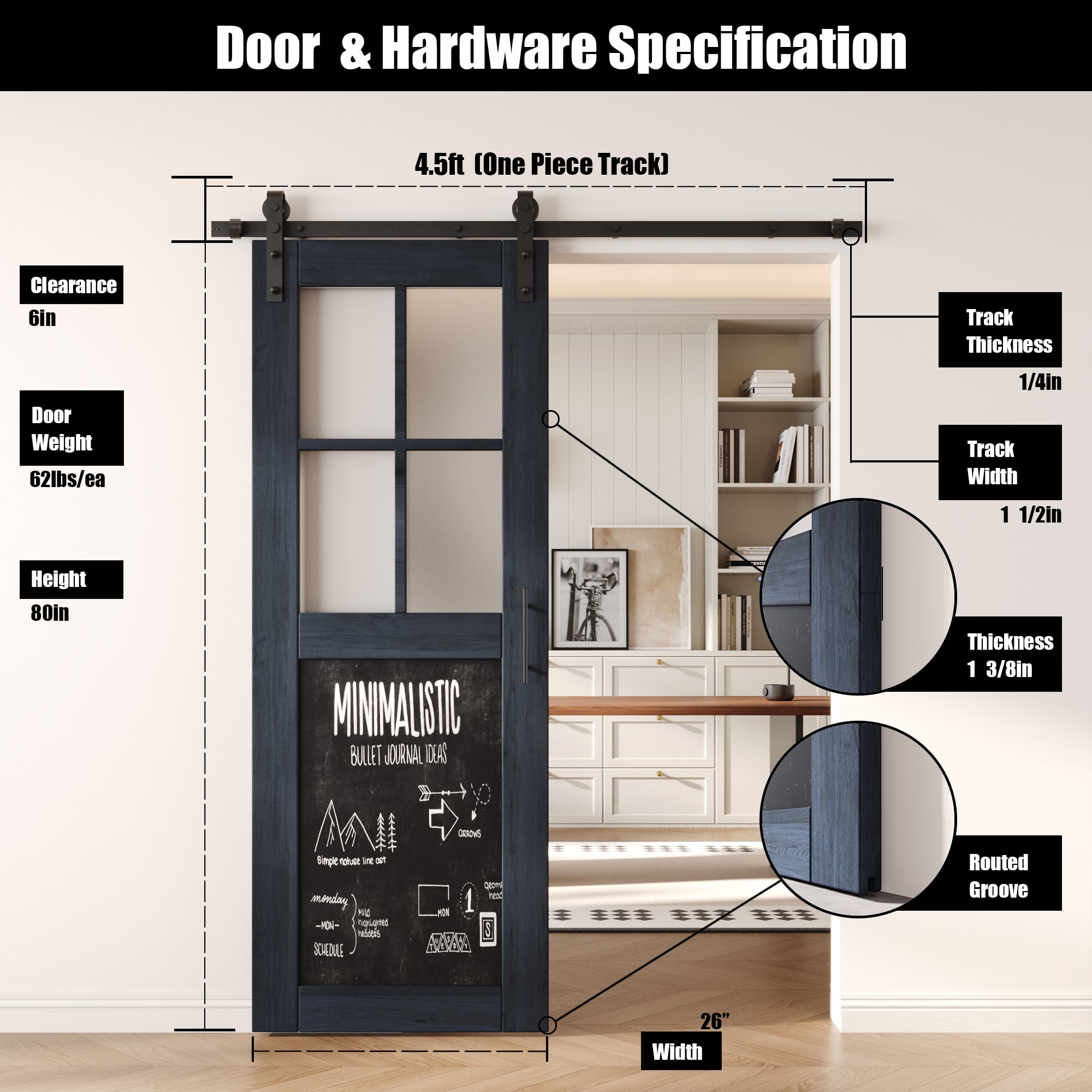 80" Height Navy Half Lite Chalkboard Unassembled & Finished Pine Wood Barn Door with Non-Bypass Installation Hardware Kit (Interior Use Only)