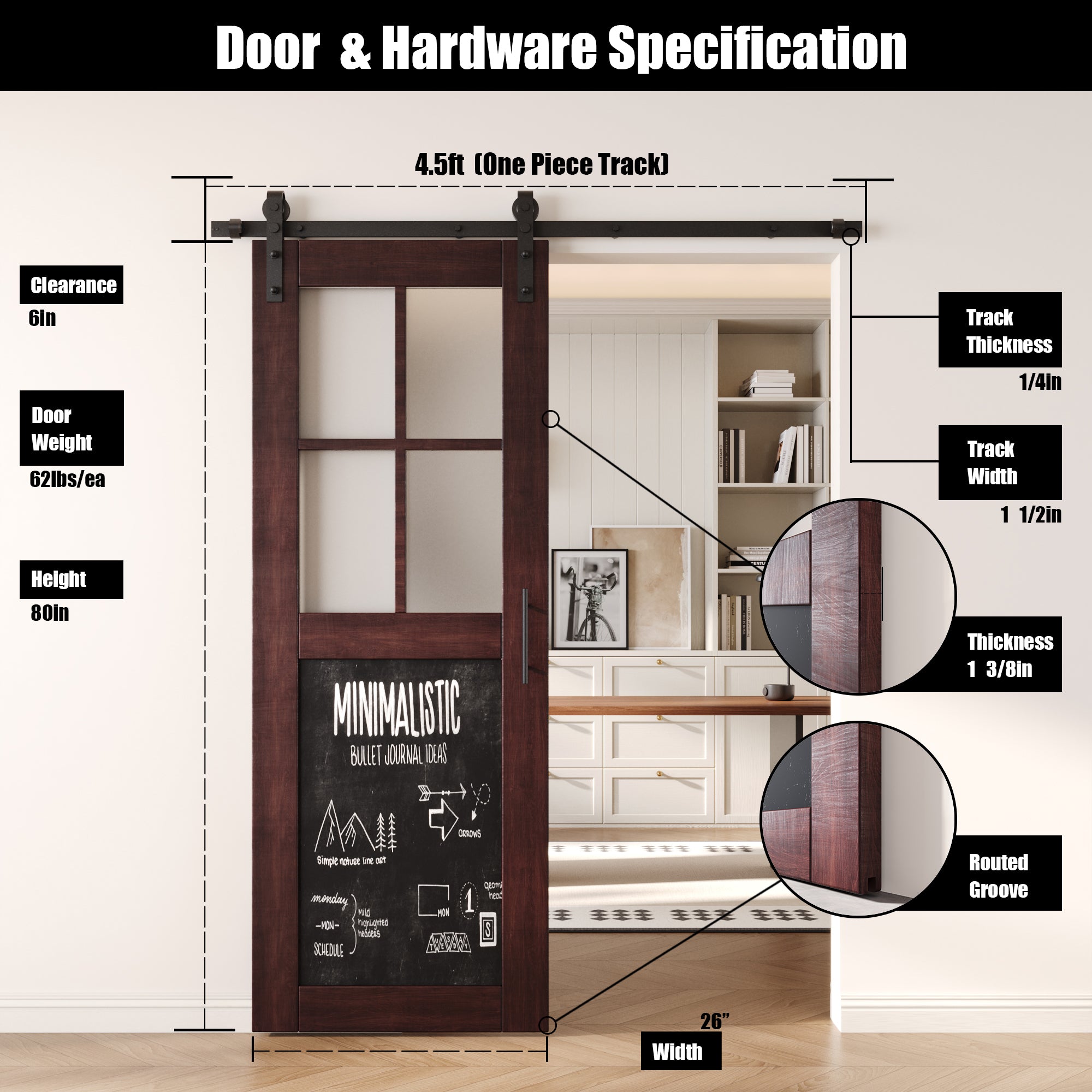 80" Height Red Mahogany Half Lite Chalkboard Unassembled & Finished Pine Wood Barn Door with Non-Bypass Installation Hardware Kit (Interior Use Only)