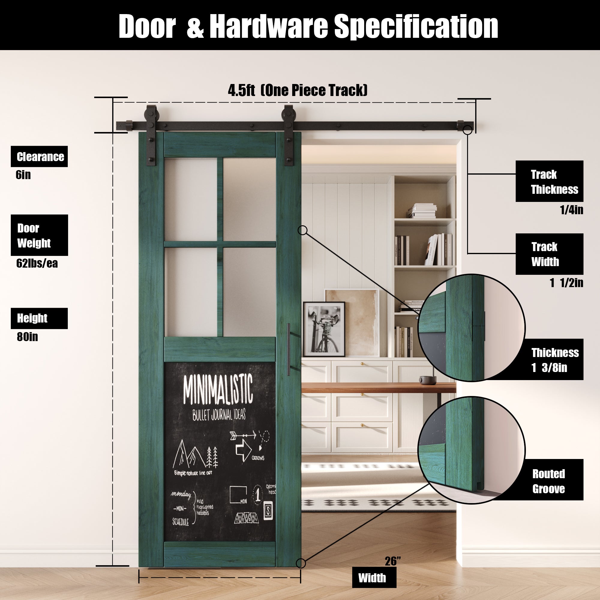 80" Height Royal Pine Half Lite Chalkboard Unassembled & Finished Pine Wood Barn Door with Non-Bypass Installation Hardware Kit (Interior Use Only)