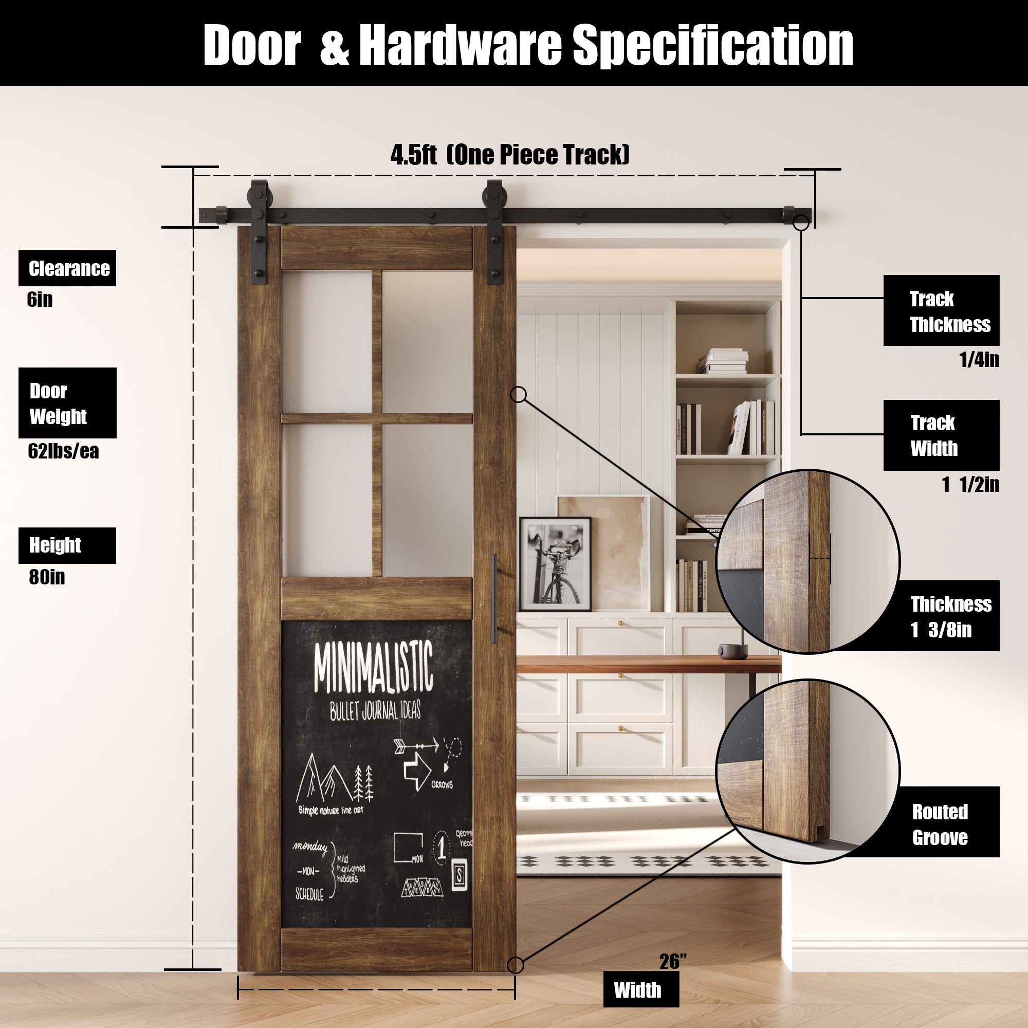 80" Height Dark Walnut Half Lite Chalkboard Unassembled & Finished Pine Wood Barn Door with Non-Bypass Installation Hardware Kit (Interior Use Only)
