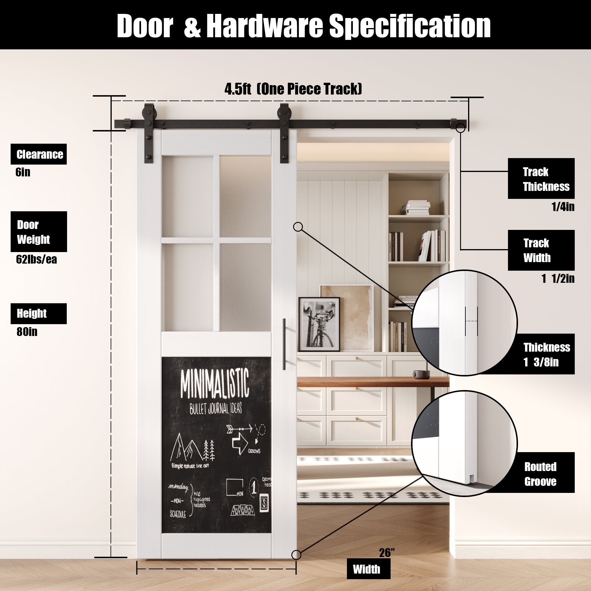 80" Height White Half Lite Chalkboard Unassembled & Finished Pine Wood Barn Door with Non-Bypass Installation Hardware Kit (Interior Use Only)