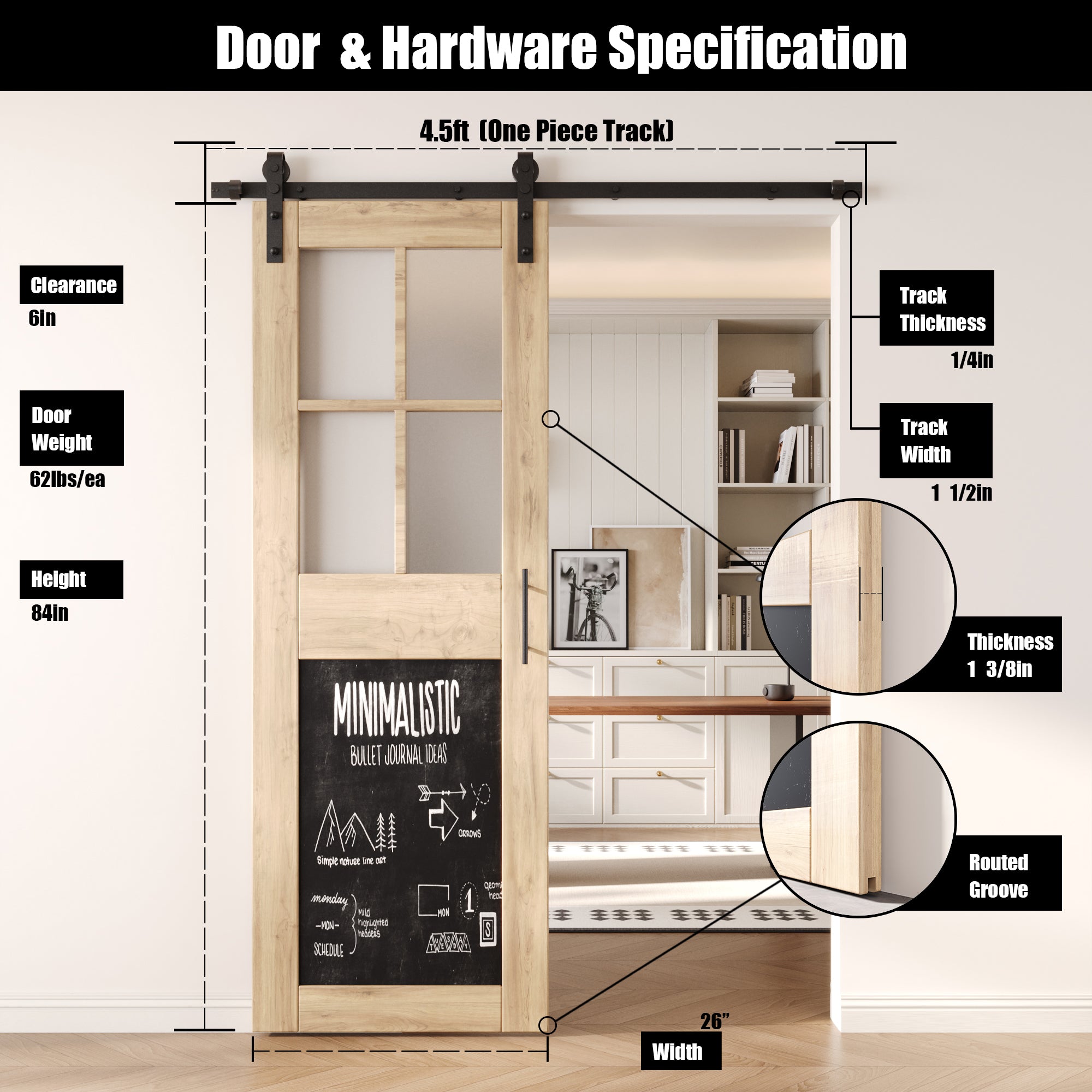 84" Height Half Lite Chalkboard Unassembled & Unfinished Pine Wood Barn Door with Non-Bypass Installation Hardware Kit (Interior Use Only)