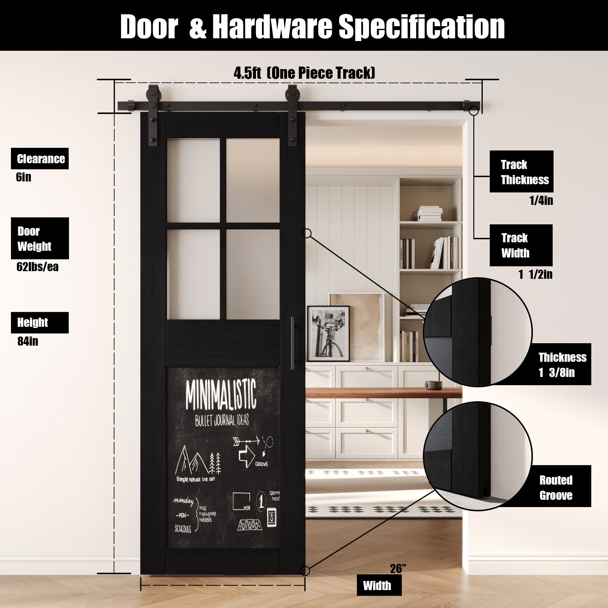 84" Height Black Half Lite Chalkboard Unassembled & Finished Pine Wood Barn Door with Non-Bypass Installation Hardware Kit (Interior Use Only)