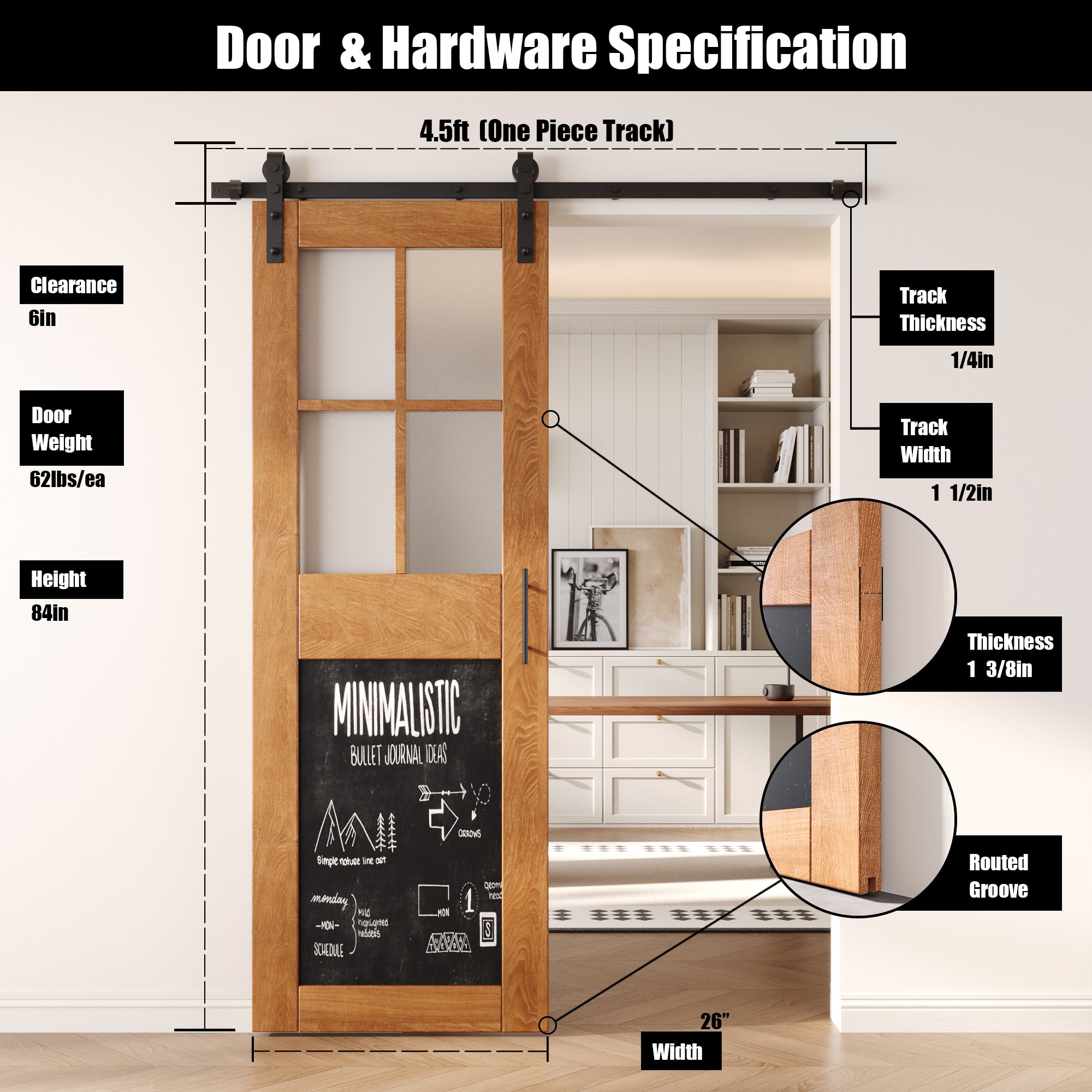 84" Height Early American Half Lite Chalkboard Unassembled & Finished Pine Wood Barn Door with Non-Bypass Installation Hardware Kit (Interior Use Only)