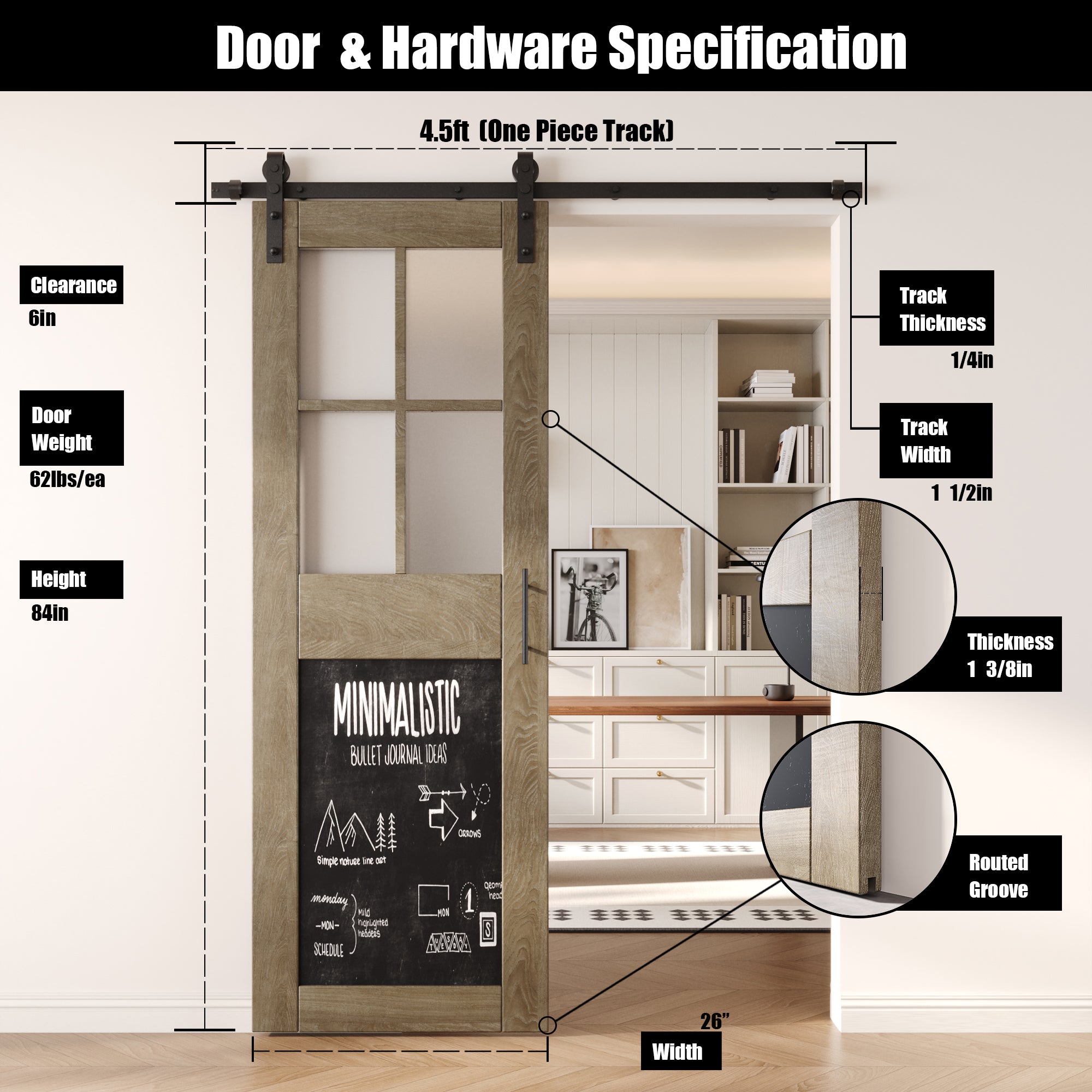 84" Height Classic Gray Half Lite Chalkboard Unassembled & Finished Pine Wood Barn Door with Non-Bypass Installation Hardware Kit (Interior Use Only)