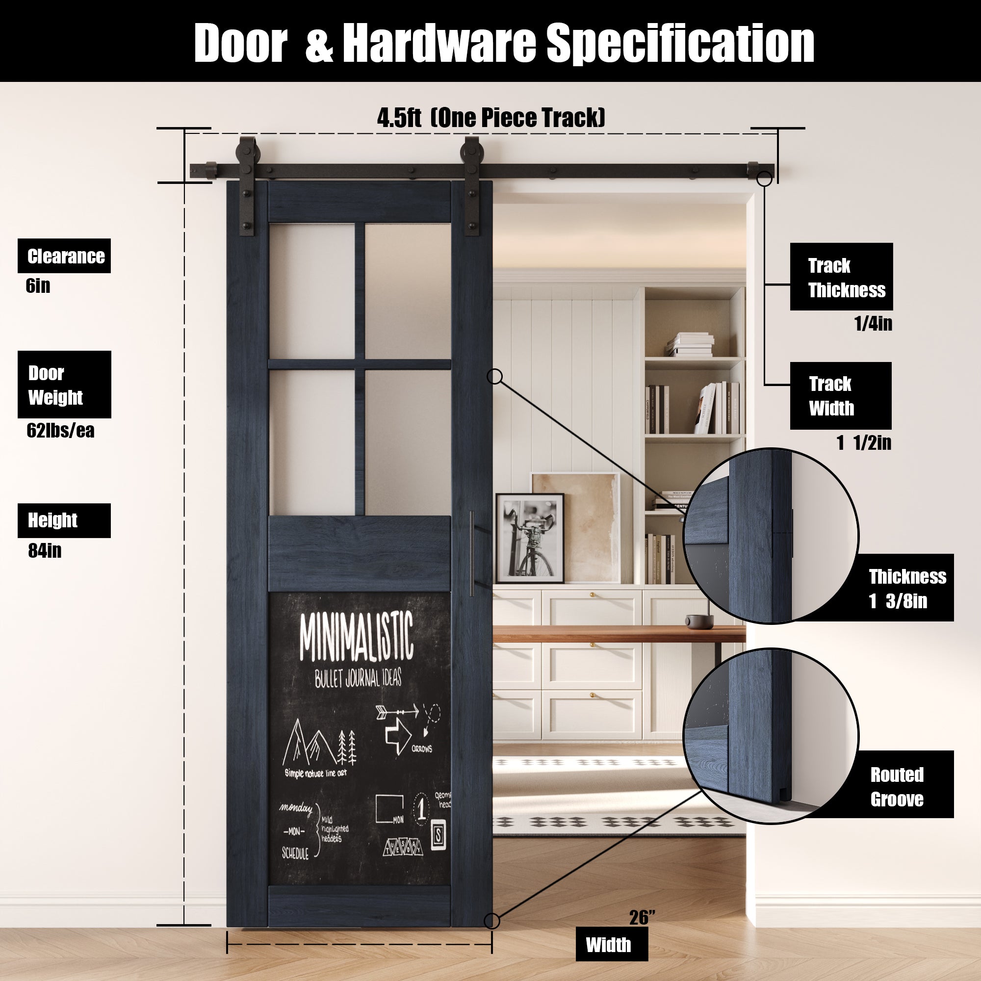 84" Height Navy Half Lite Chalkboard Unassembled & Finished Pine Wood Barn Door with Non-Bypass Installation Hardware Kit (Interior Use Only)
