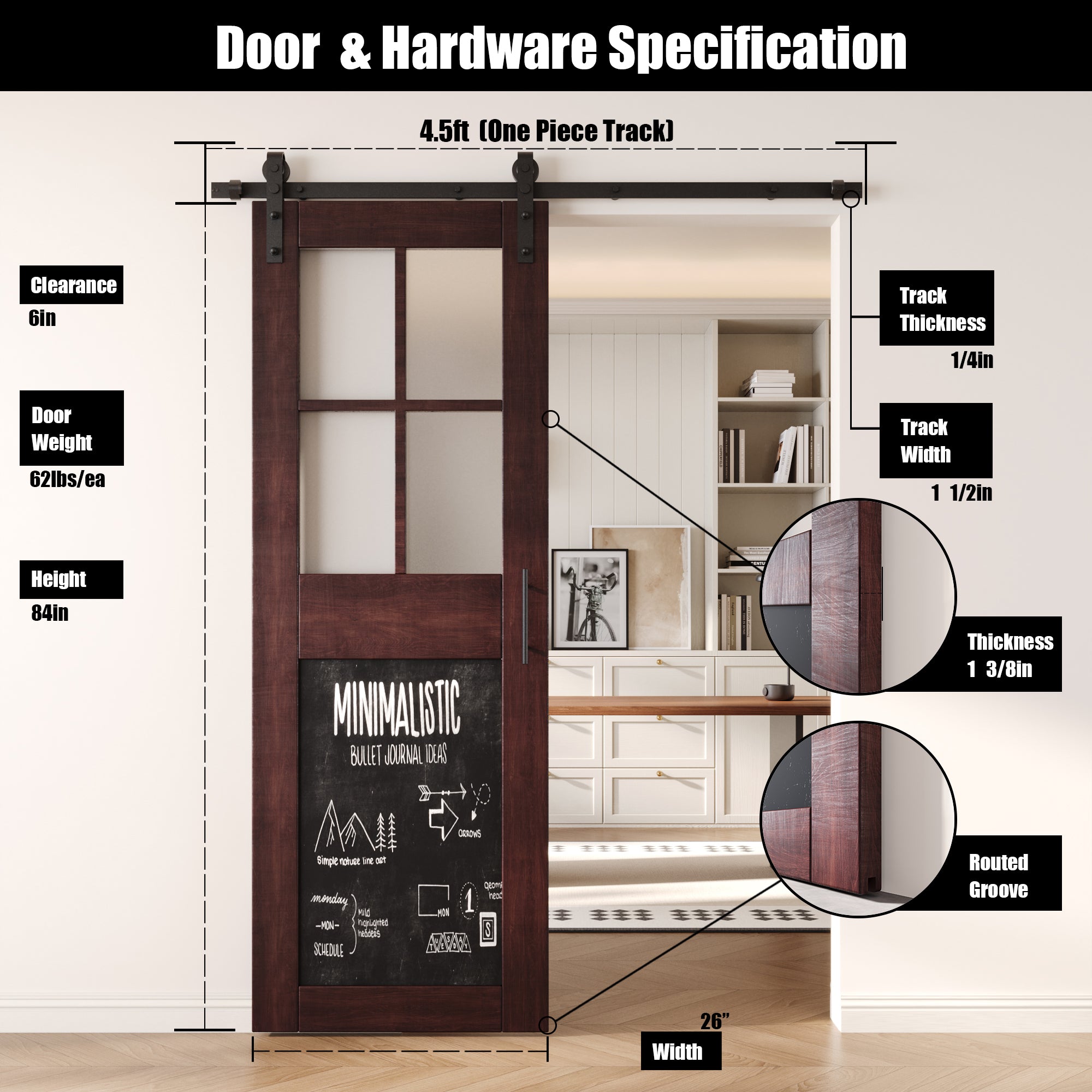 84" Height Red Mahogany Half Lite Chalkboard Unassembled & Finished Pine Wood Barn Door with Non-Bypass Installation Hardware Kit (Interior Use Only)