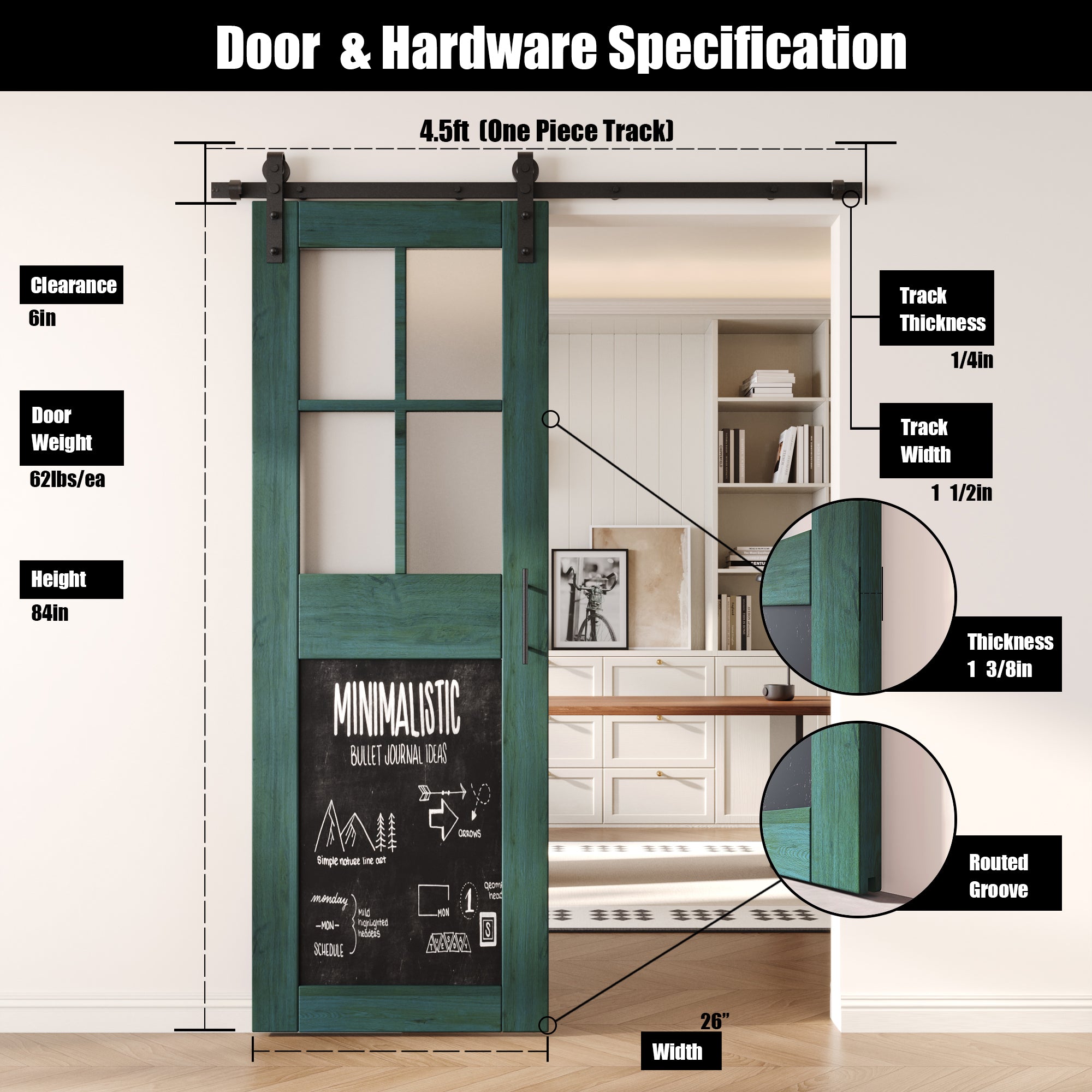 84" Height Royal Pine Half Lite Chalkboard Unassembled & Finished Pine Wood Barn Door with Non-Bypass Installation Hardware Kit (Interior Use Only)