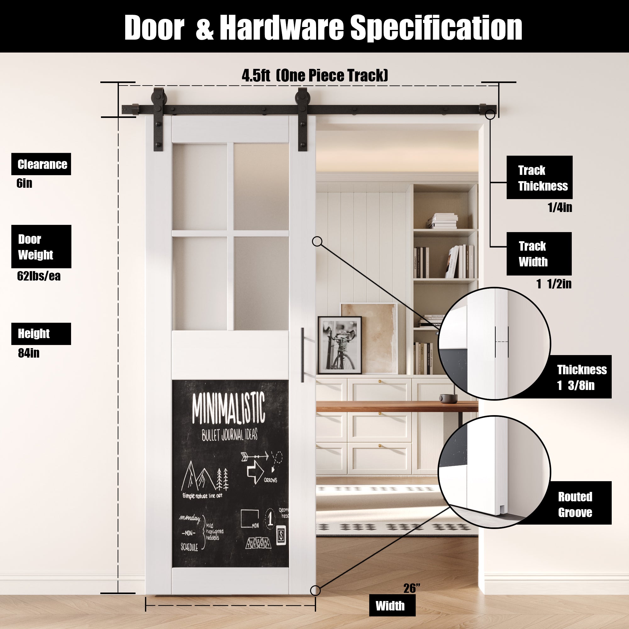 84" Height White Half Lite Chalkboard Unassembled & Finished Pine Wood Barn Door with Non-Bypass Installation Hardware Kit (Interior Use Only)