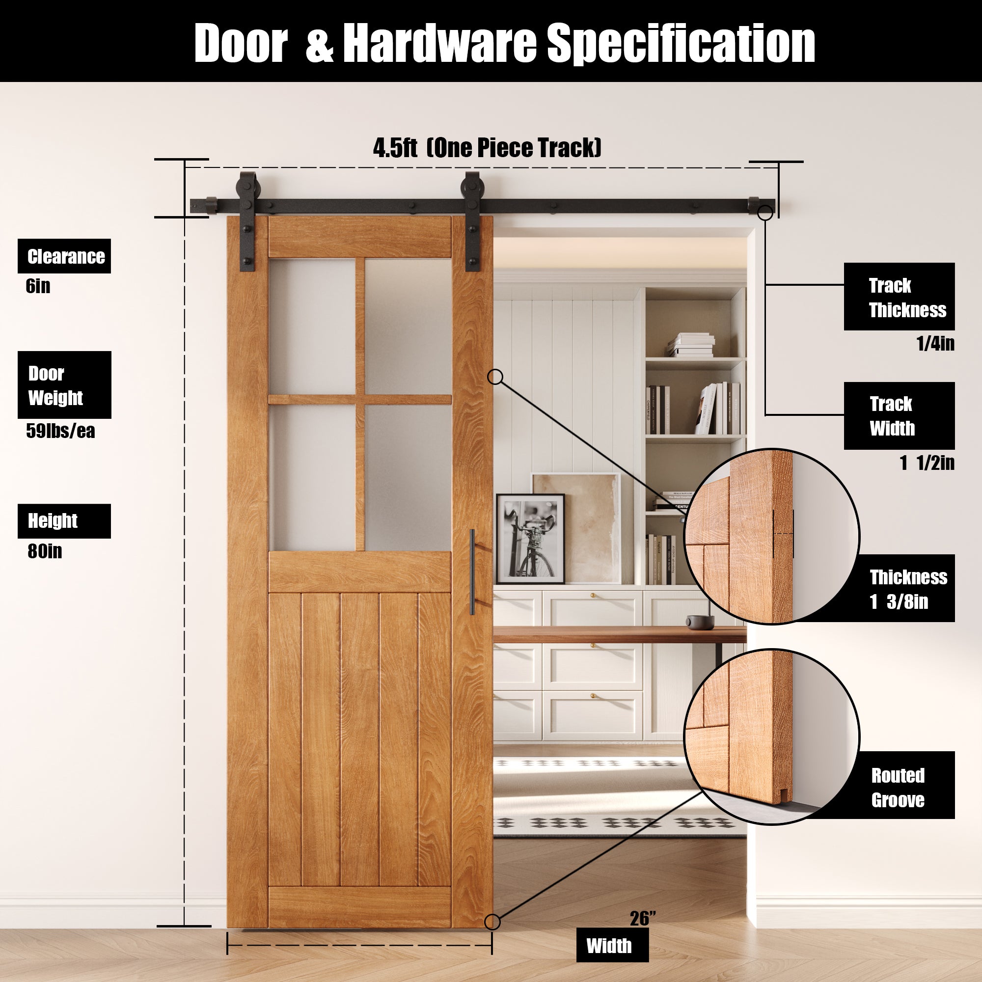 80" Height Early American Half Lite Grid Glass Unassembled & Finished Pine Wood Barn Door with Non-Bypass Installation Hardware Kit (Interior Use Only)