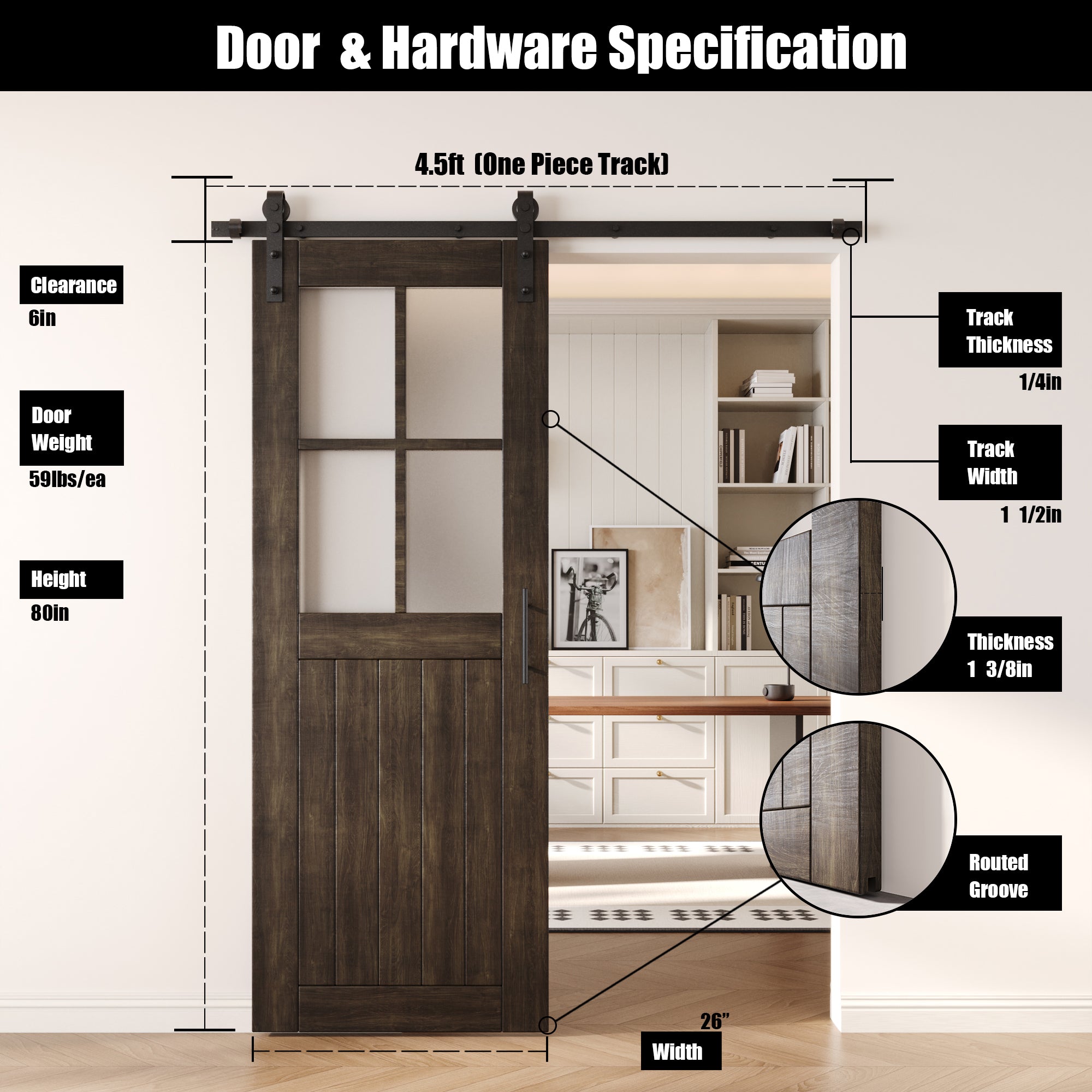 80" Height Ebony Half Lite Grid Glass Unassembled & Finished Pine Wood Barn Door with Non-Bypass Installation Hardware Kit (Interior Use Only)