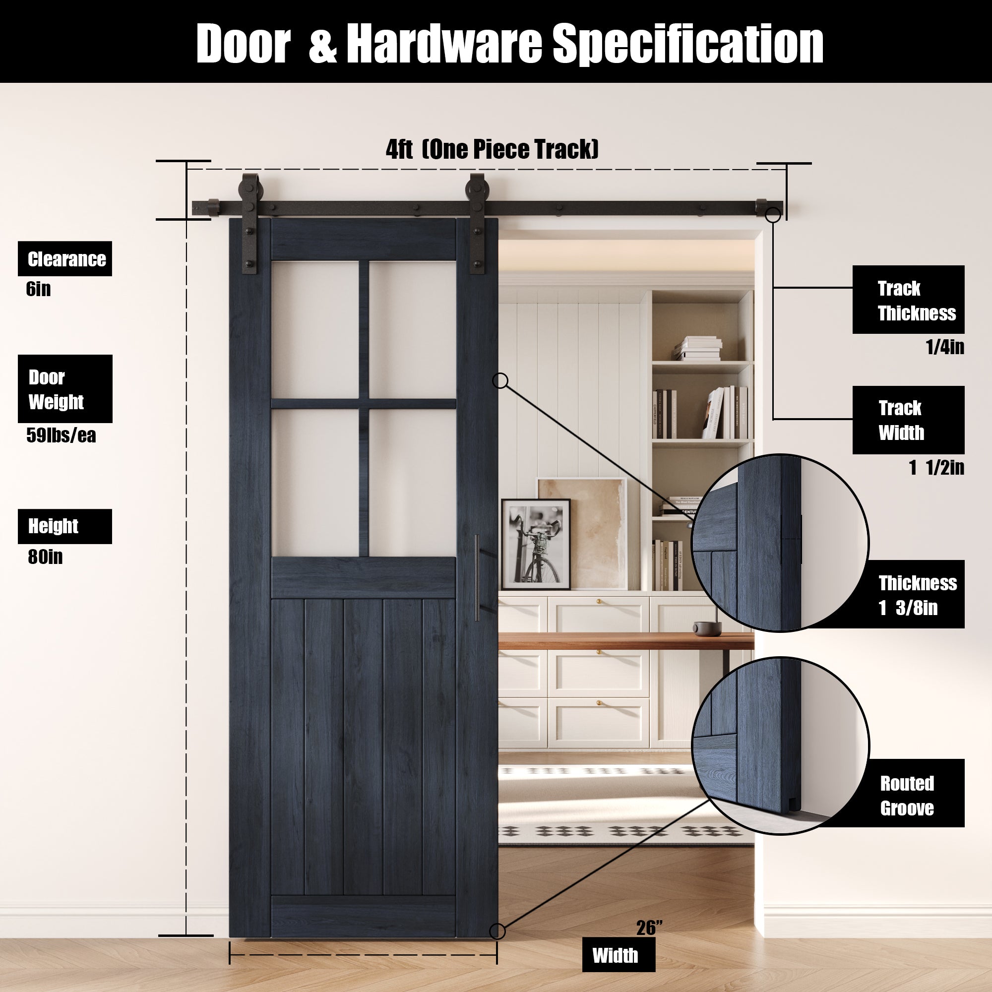 80" Height Navy Half Lite Grid Glass Unassembled & Finished Pine Wood Barn Door with Non-Bypass Installation Hardware Kit (Interior Use Only)