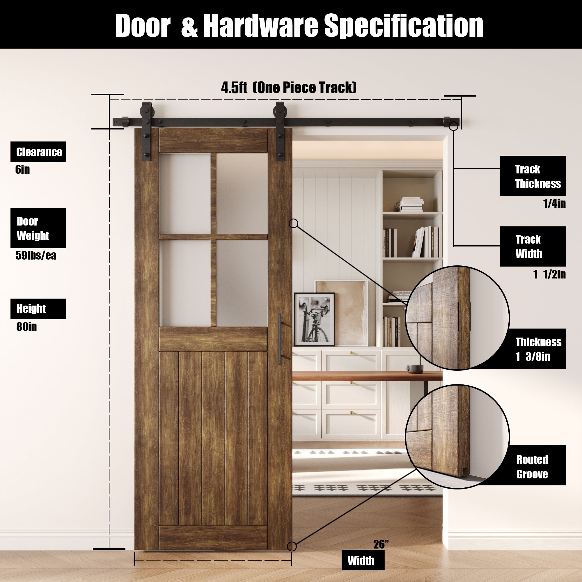 80" Height Dark Walnut Half Lite Grid Glass Unassembled & Finished Pine Wood Barn Door with Non-Bypass Installation Hardware Kit (Interior Use Only)