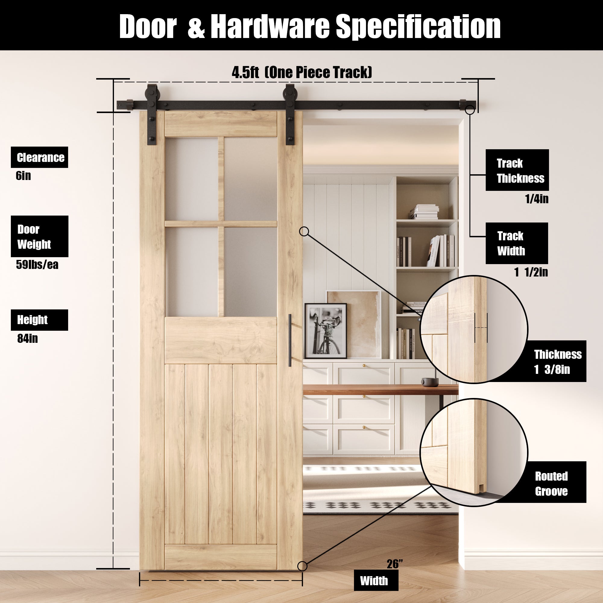 84" Height Half Lite Grid Glass Unassembled & Unfinished Pine Wood Barn Door with Non-Bypass Installation Hardware Kit (Interior Use Only)