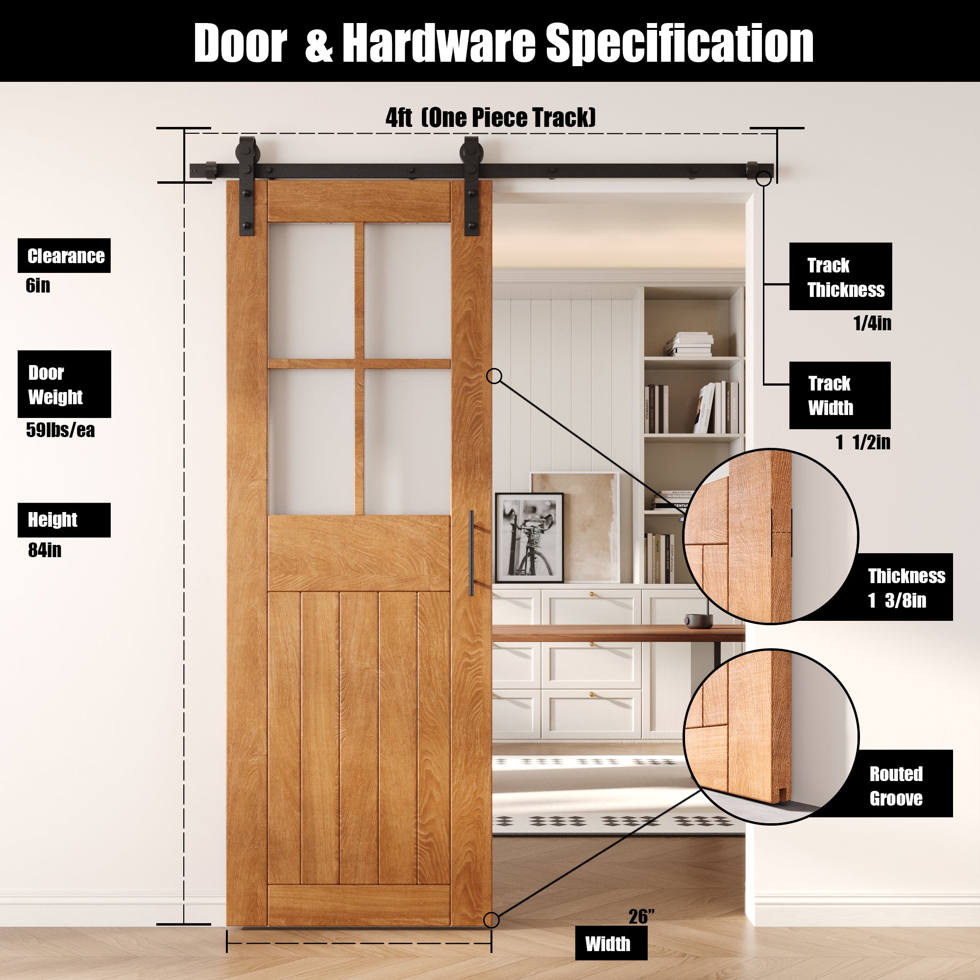 84" Height Early American Half Lite Grid Glass Unassembled & Finished Pine Wood Barn Door with Non-Bypass Installation Hardware Kit (Interior Use Only)