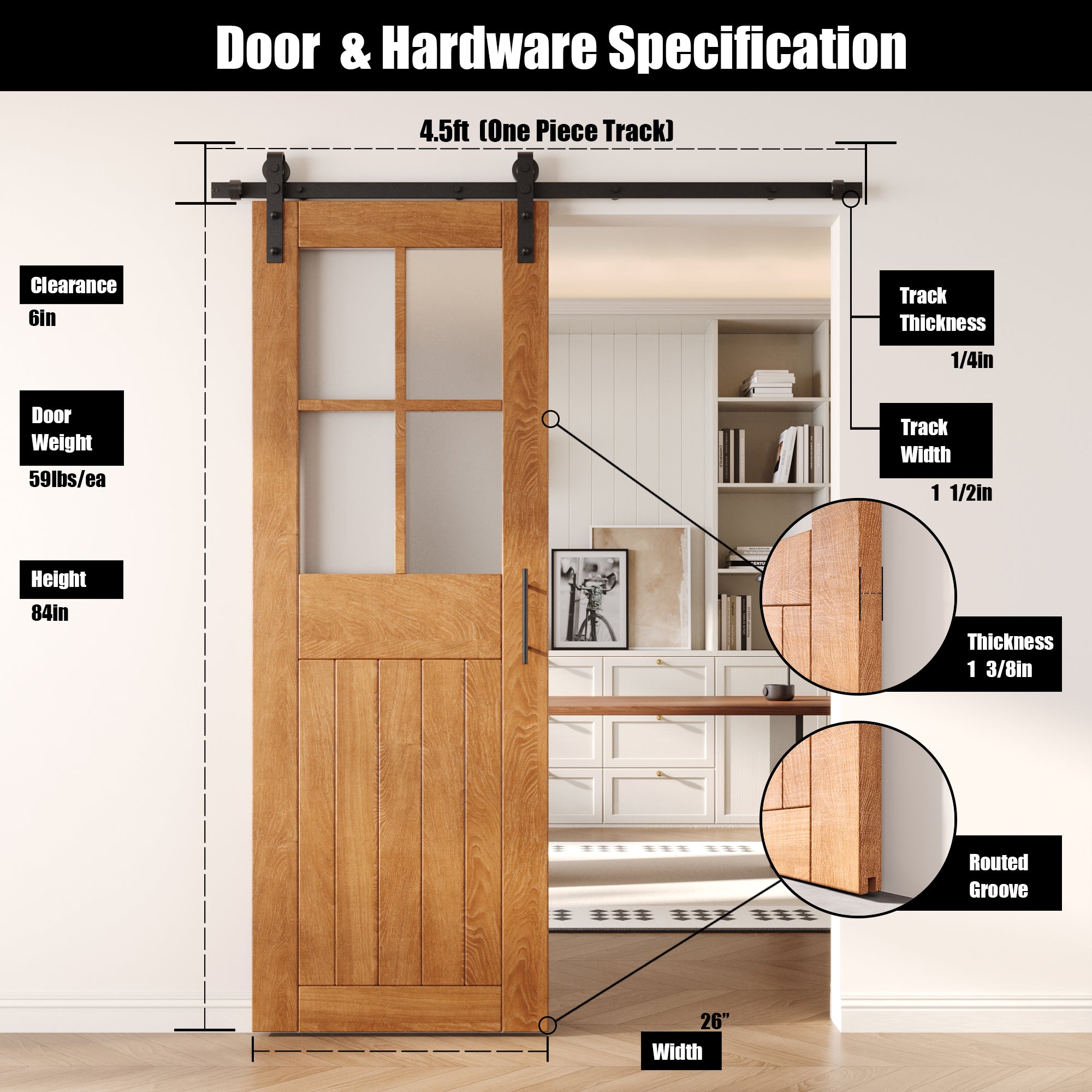 84" Height Early American Half Lite Grid Glass Unassembled & Finished Pine Wood Barn Door with Non-Bypass Installation Hardware Kit (Interior Use Only)