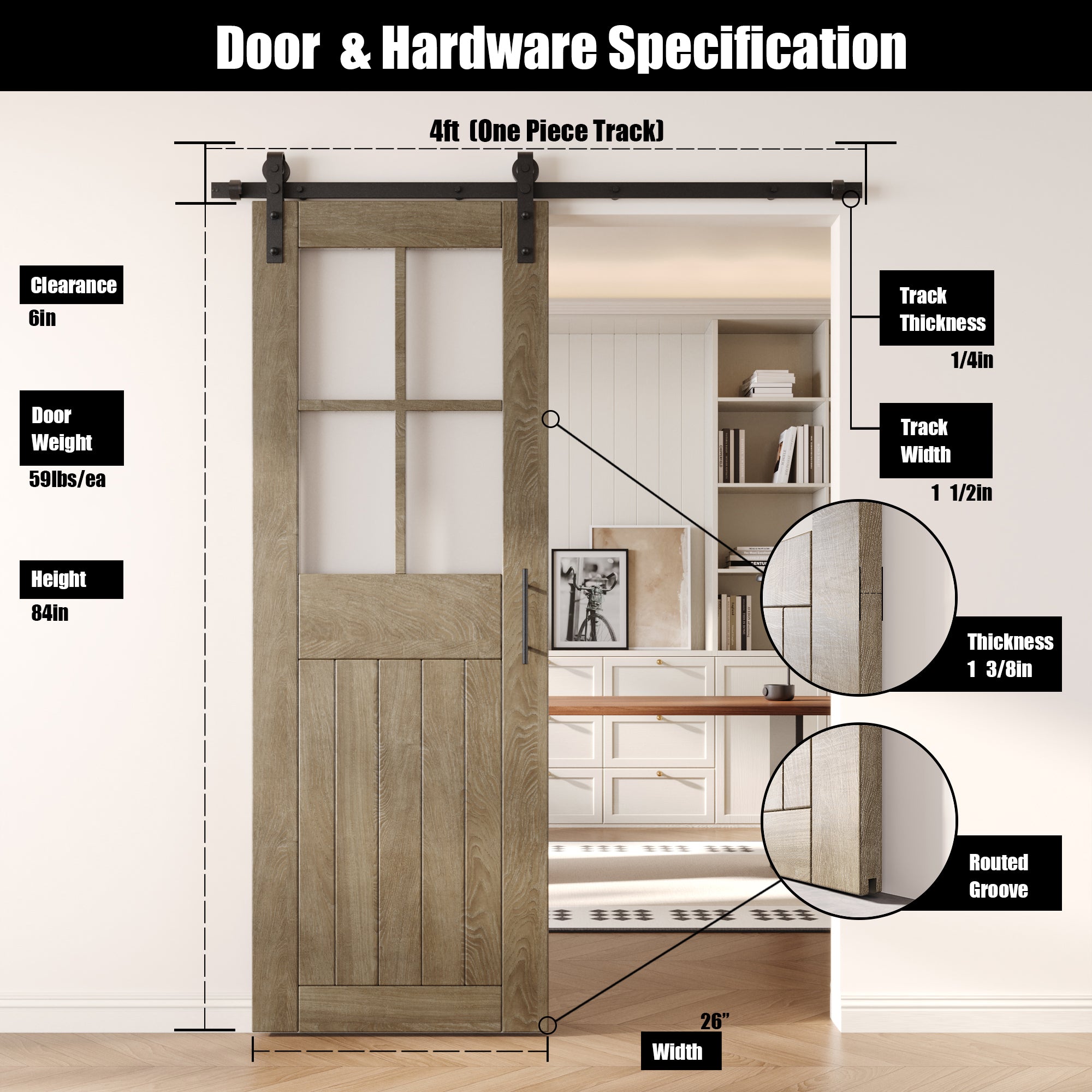 84" Height Classic Gray Half Lite Grid Glass Unassembled & Finished Pine Wood Barn Door with Non-Bypass Installation Hardware Kit (Interior Use Only)