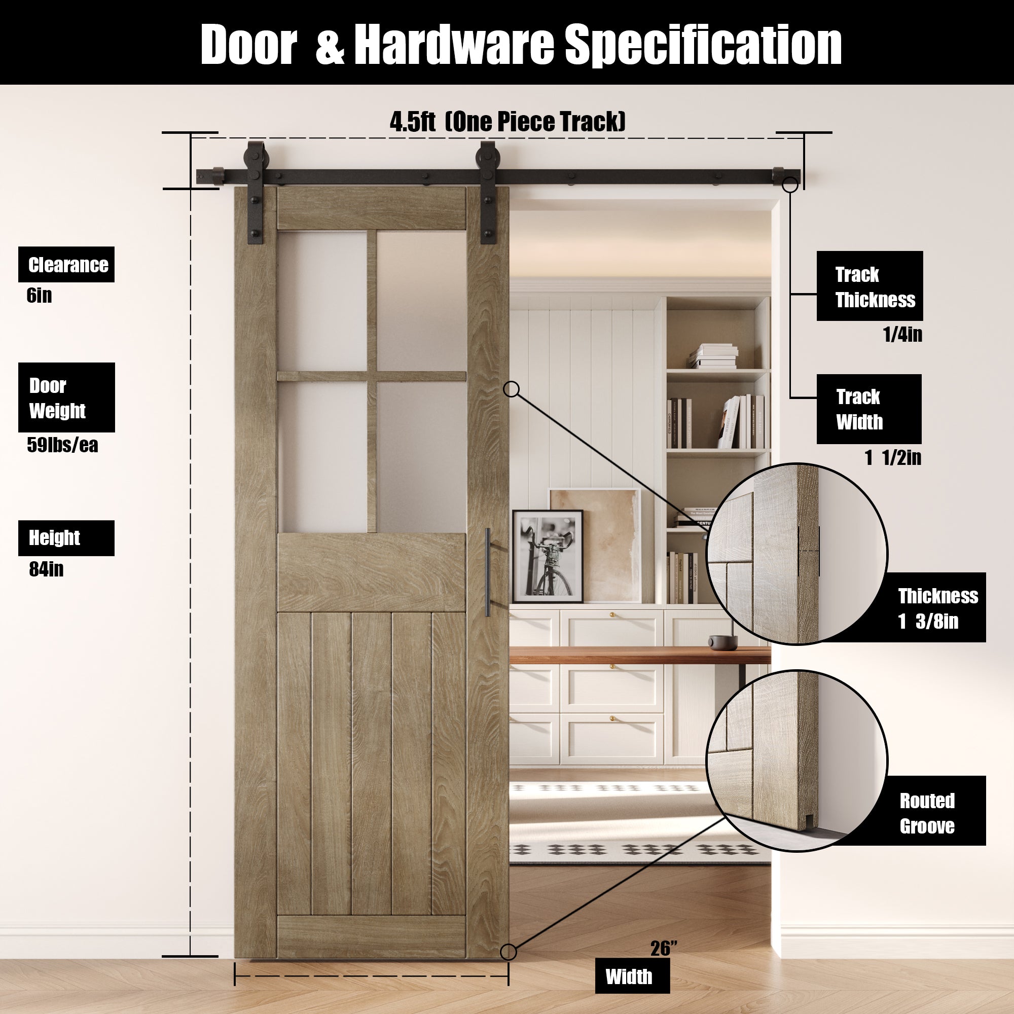 84" Height Classic Gray Half Lite Grid Glass Unassembled & Finished Pine Wood Barn Door with Non-Bypass Installation Hardware Kit (Interior Use Only)