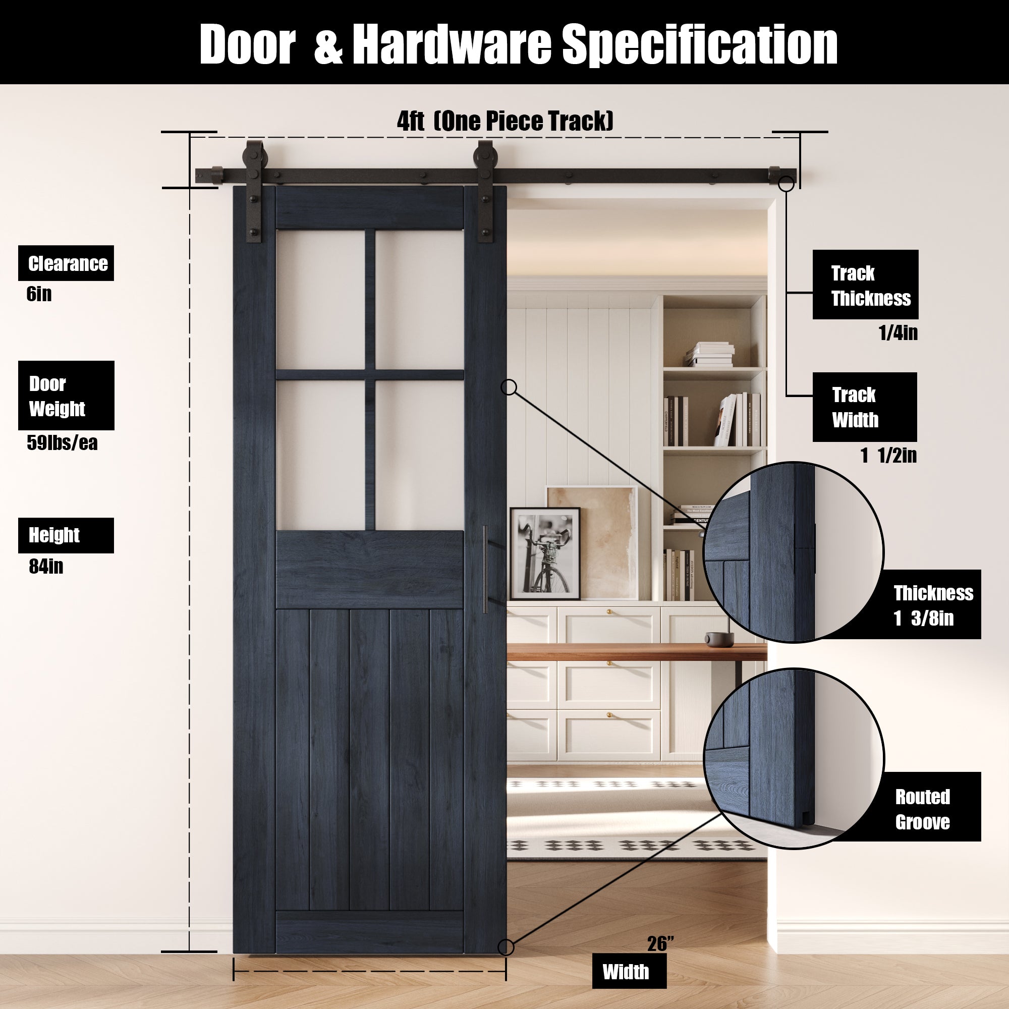 84" Height Navy Half Lite Grid Glass Unassembled & Finished Pine Wood Barn Door with Non-Bypass Installation Hardware Kit (Interior Use Only)