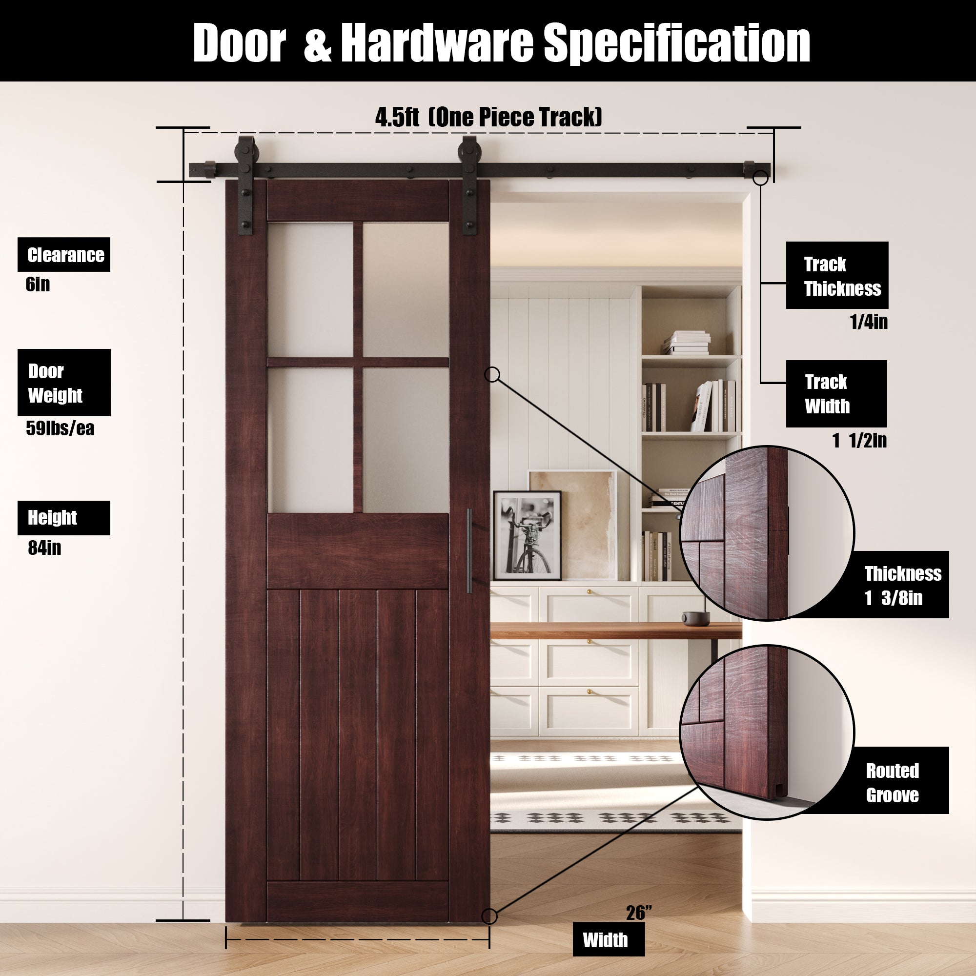 84" Height Red Mahogany Half Lite Grid Glass Unassembled & Finished Pine Wood Barn Door with Non-Bypass Installation Hardware Kit (Interior Use Only)