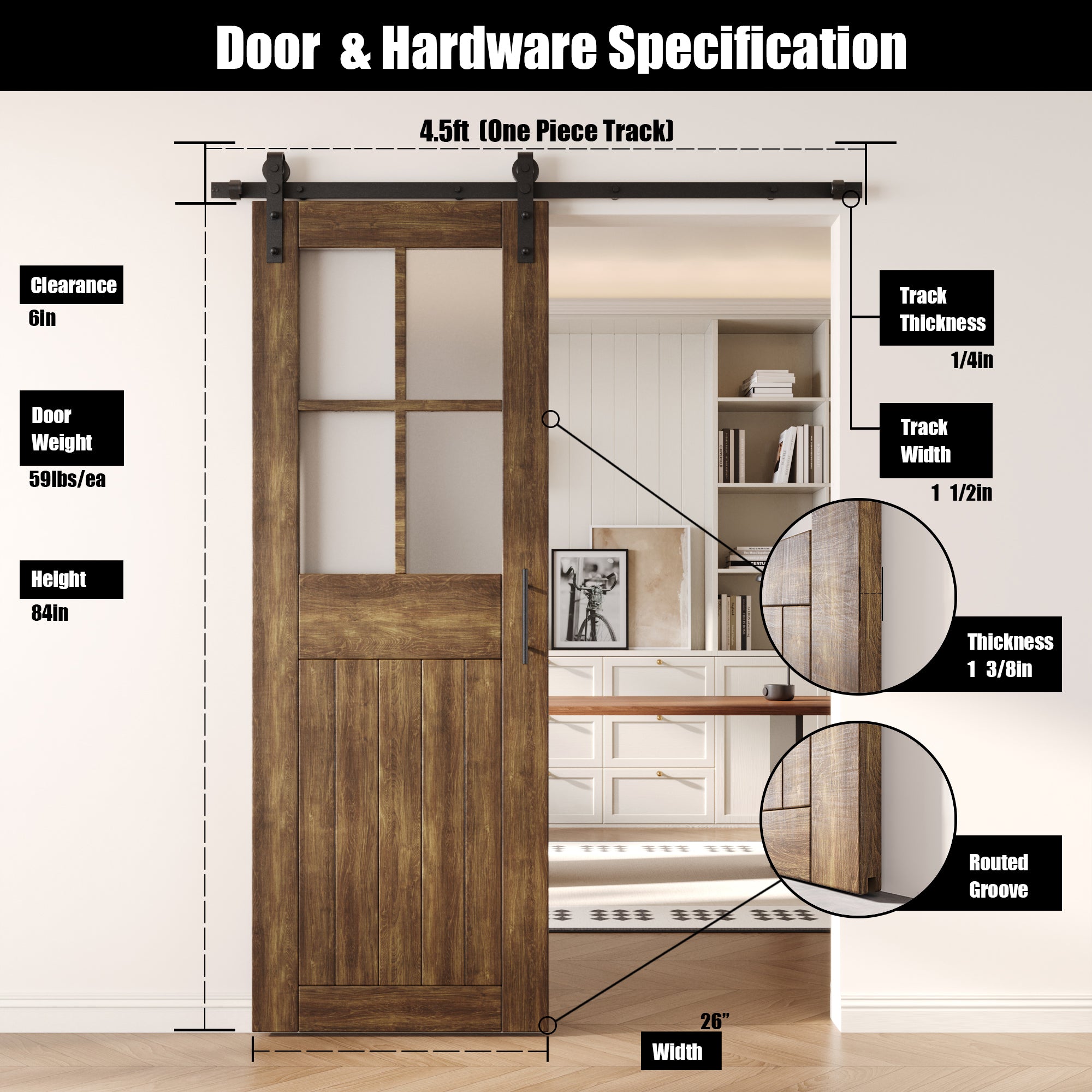84" Height Dark Walnut Half Lite Grid Glass Unassembled & Finished Pine Wood Barn Door with Non-Bypass Installation Hardware Kit (Interior Use Only)
