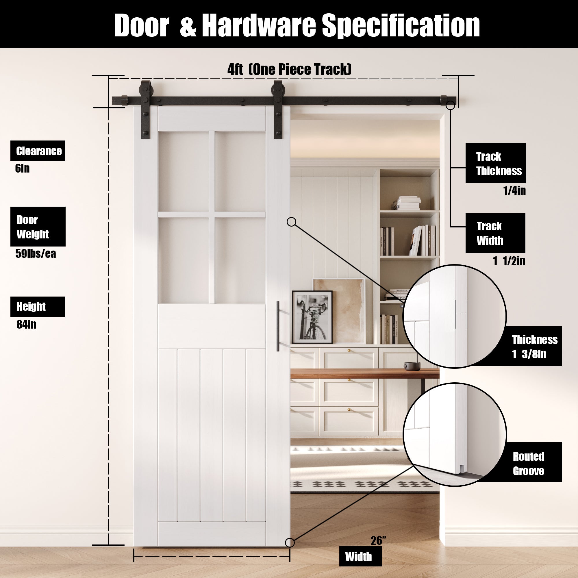 84" Height White Half Lite Grid Glass Unassembled & Finished Pine Wood Barn Door with Non-Bypass Installation Hardware Kit (Interior Use Only)