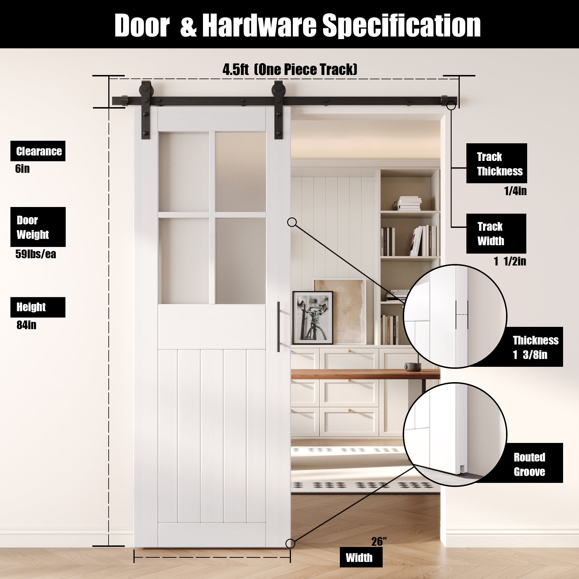 84" Height White Half Lite Grid Glass Unassembled & Finished Pine Wood Barn Door with Non-Bypass Installation Hardware Kit (Interior Use Only)