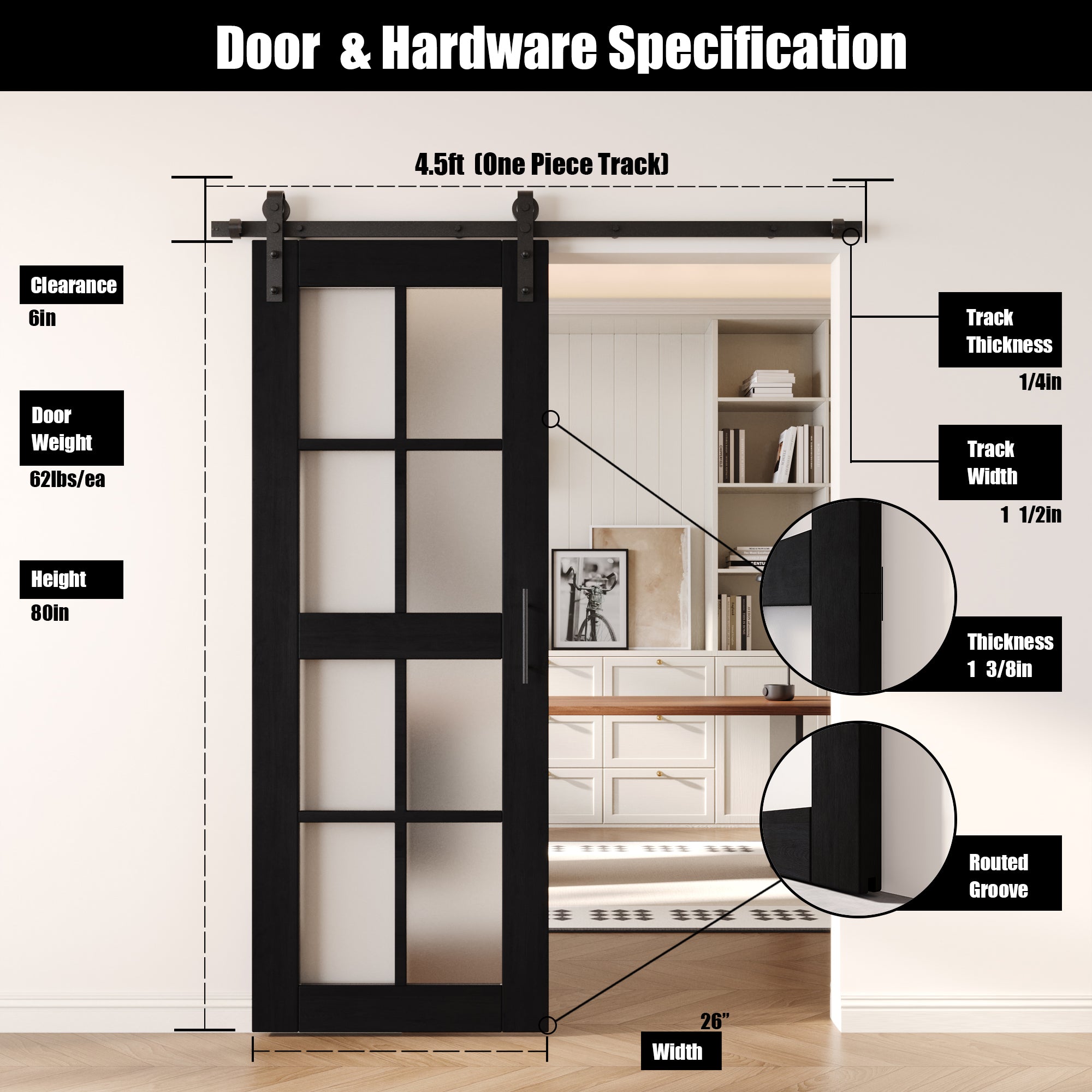 80" Height Black 8-Lite Frosted Glass Unassembled & Finished Pine Wood Barn Door with Non-Bypass Installation Hardware Kit (Interior Use Only)