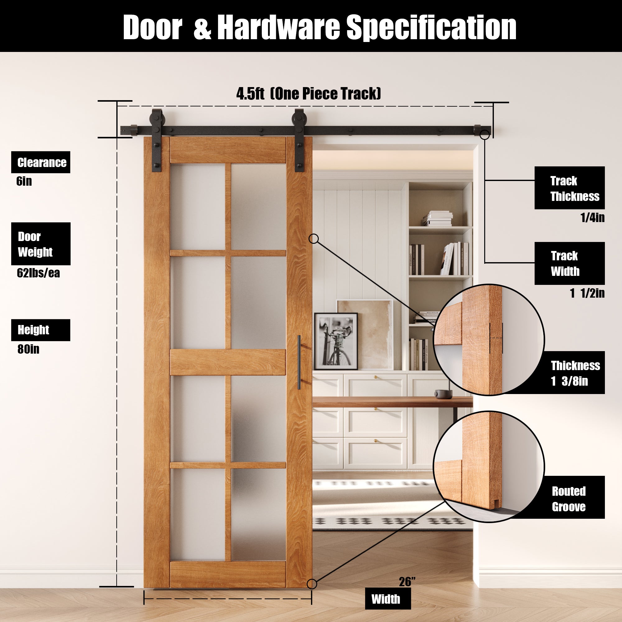 80" Height Early American 8-Lite Frosted Glass Unassembled & Finished Pine Wood Barn Door with Non-Bypass Installation Hardware Kit (Interior Use Only)
